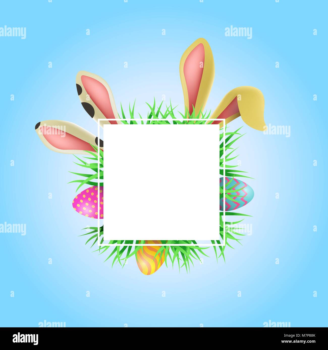 Joyeuses Pâques maison de vacances illustration modèle. Châssis carte vide avec copie espace inclut drôle d'oreilles de lapin, oeufs peints et éléments de ressort. EPS10 vecto Illustration de Vecteur