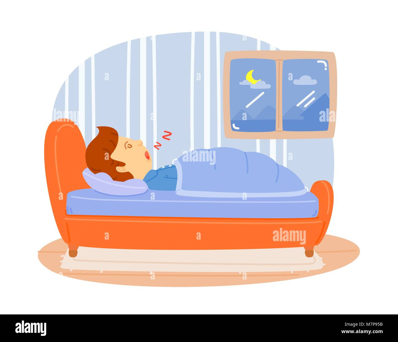 L'homme de dormir sur le lit dans la chambre à coucher. Détendez-vous de la fatigue,mignon vecteur, illustration en couleur, style de la caricature Illustration de Vecteur
