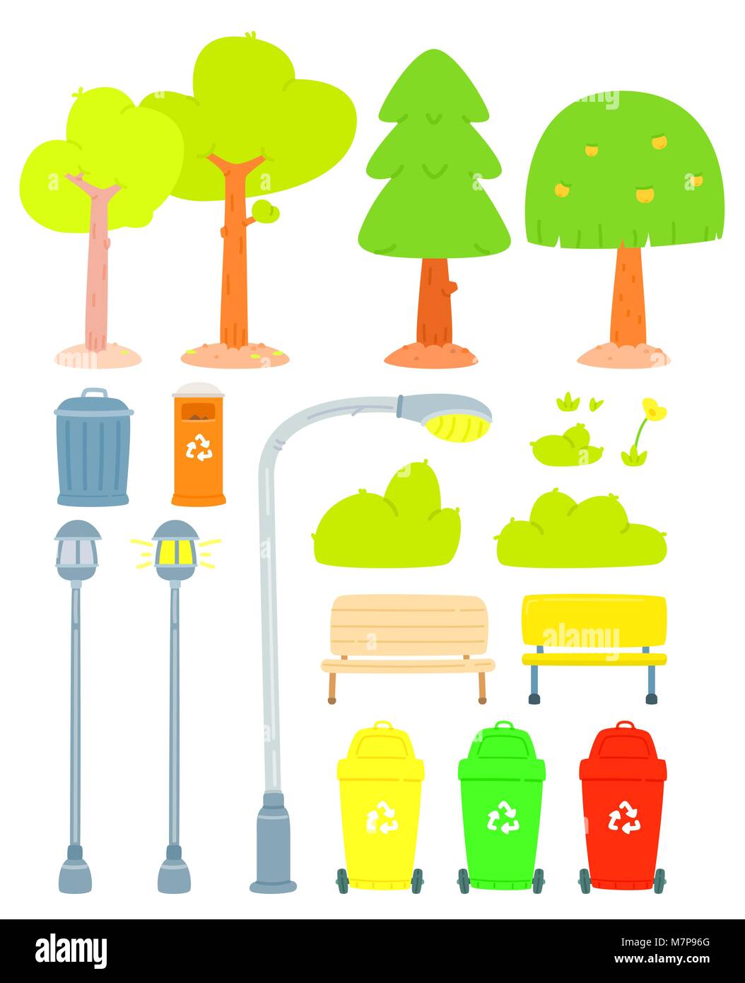 Ensemble d'arbre stylisé et parc public élément sur fond blanc, décor extérieur urbain éléments, ensemble de la rue de la ville l'icône d'éléments urbains, arbre, pin tre Illustration de Vecteur