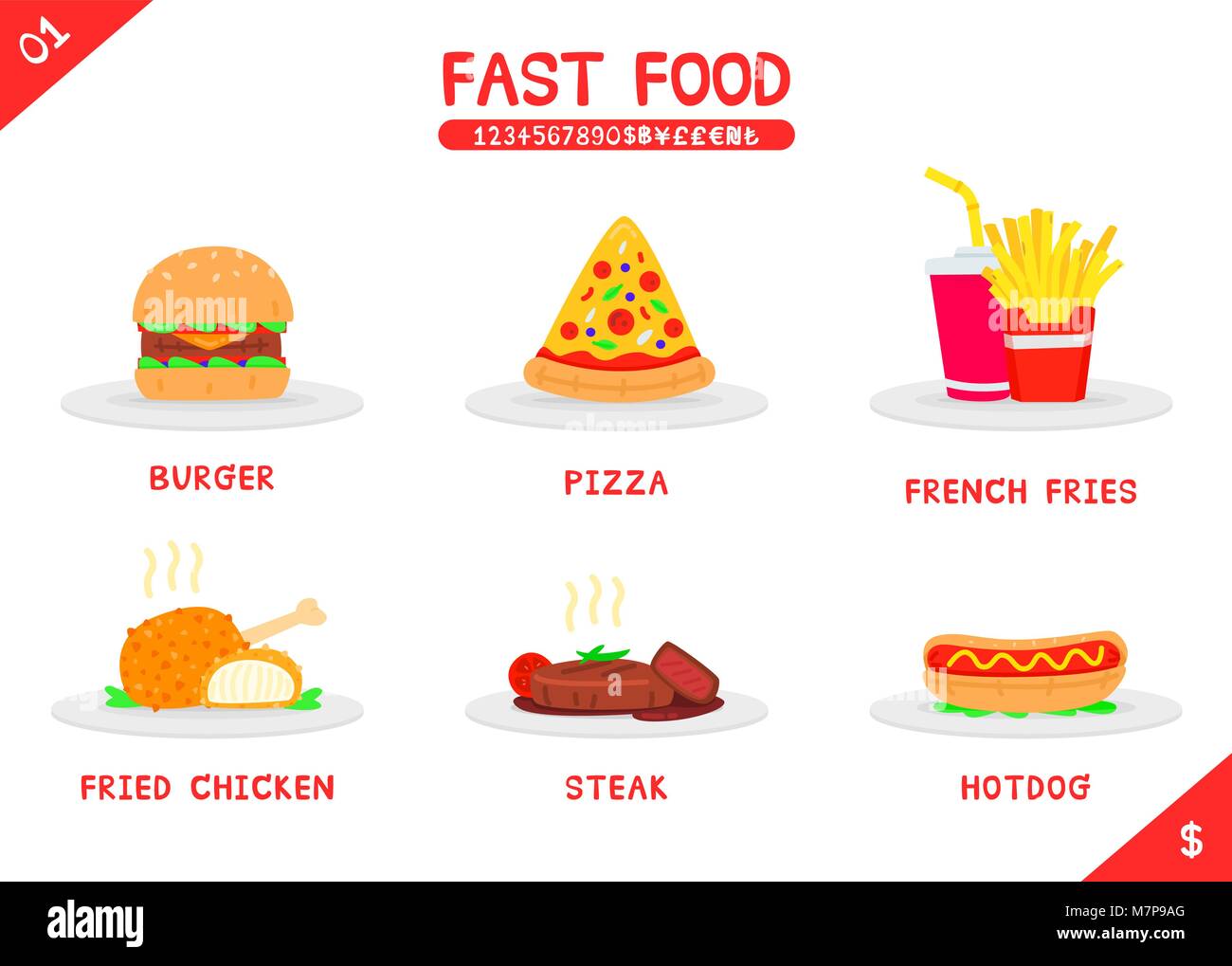 Ensemble de menu fast food pizza burger de poulet frit steak frites et hot dog, télévision vector icône isolé sur fond blanc, et de l'argent Numéro Nom Illustration de Vecteur