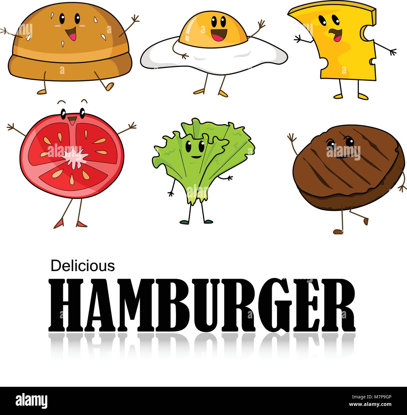 Caricature de Hamburger, pain, viande, tranche de tomate, fromage, laitue et œuf frit Illustration de Vecteur