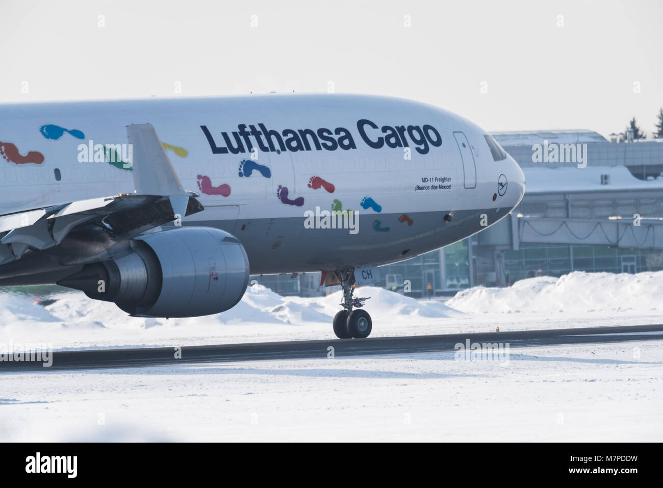 Novosibirsk, Russie - le 14 février 2018 : McDonnell Douglas MD-11F de la compagnie aérienne allemande Lufthansa Cargo sur le tarmac de l'aéroport Tolmachevo Banque D'Images