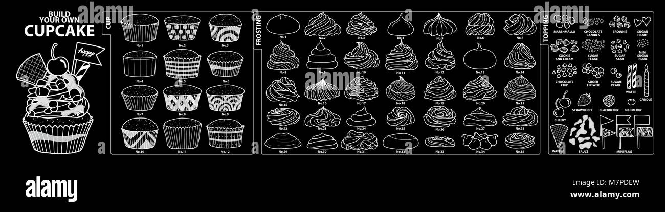 Ensemble de tasses isolées, gele et nappages pour construire votre propre cupcake. Dessiné à la main seulement mignon style contour blanc sur fond noir. Illustration de Vecteur