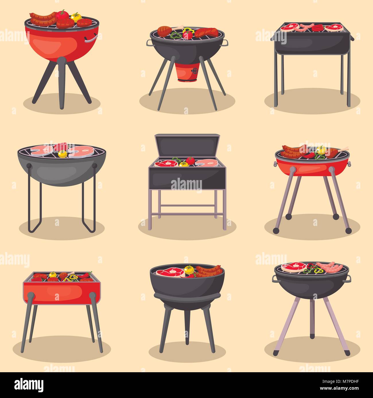 Barbecue avec de la nourriture ensemble isolé Illustration de Vecteur