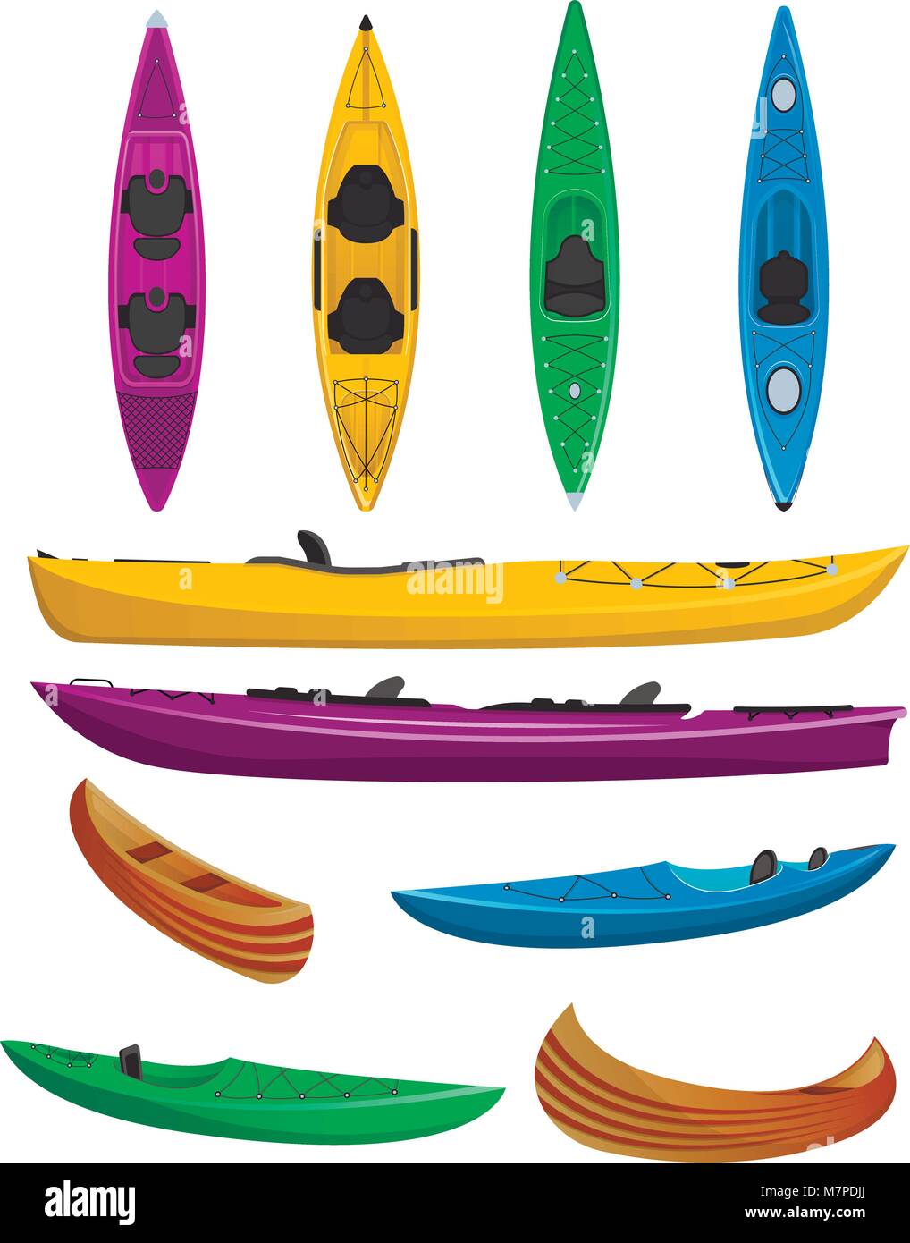 Kayaks colorés en plastique ensemble isolé Illustration de Vecteur