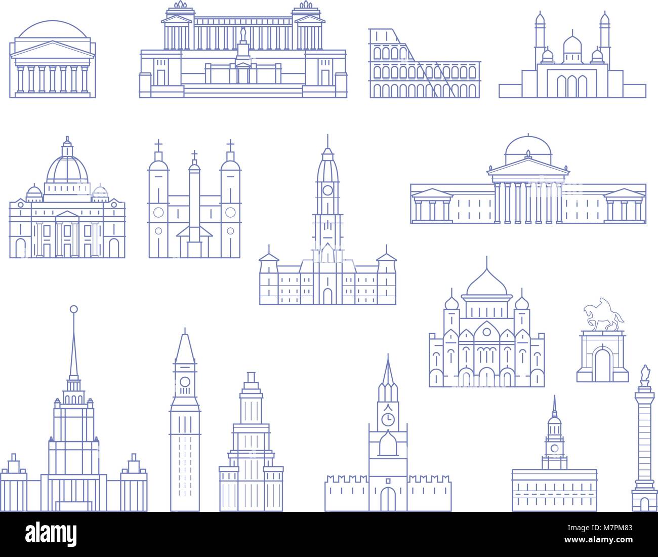 L'architecture européenne - bâtiments, cathédrales et monuments de style de ligne Illustration de Vecteur