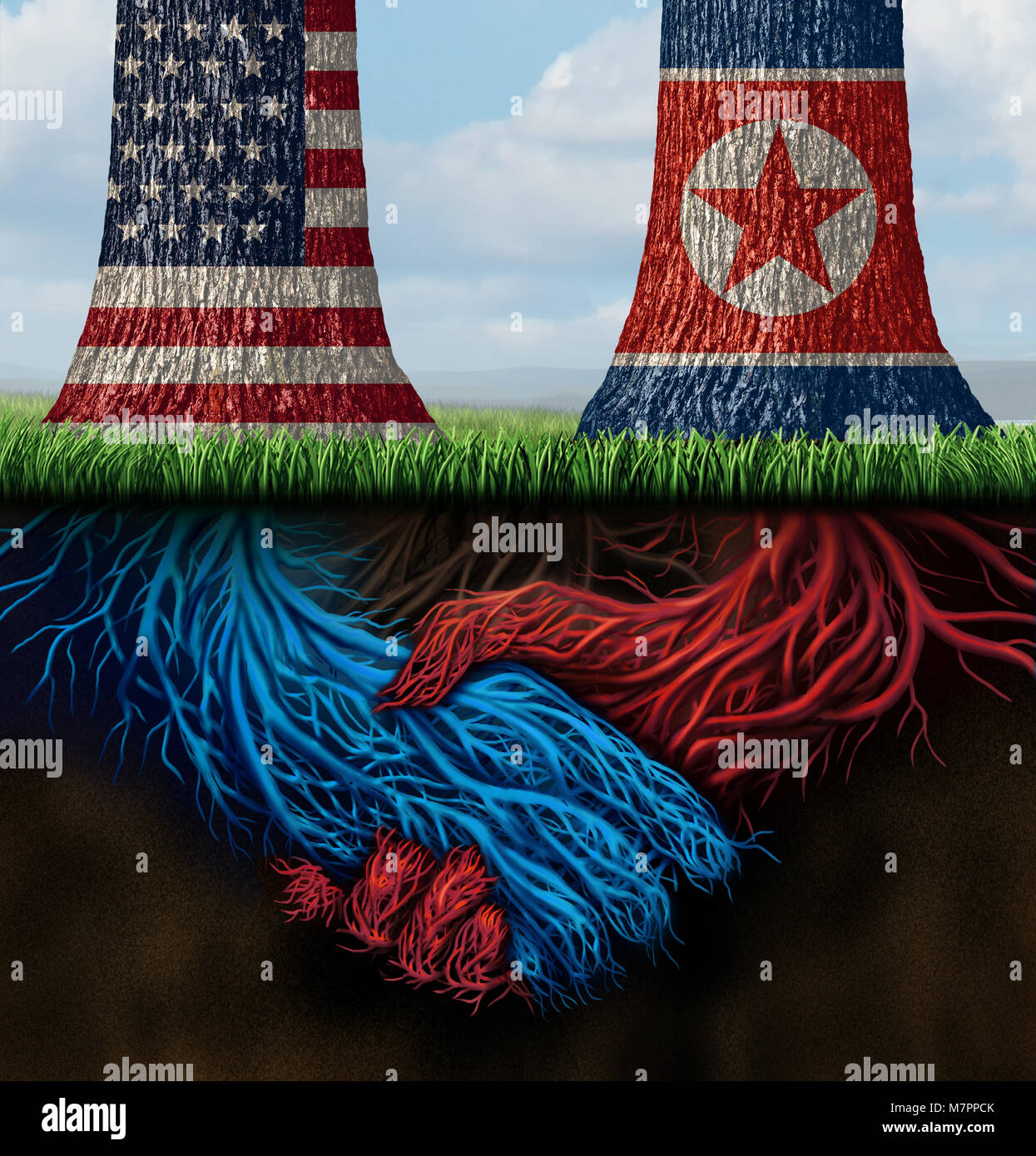 La Corée du Nord et de l'accord USA-américain et nord-coréen la diplomatie entre Pyongyang et Washington comme des racines d'arbre reliant ensemble. Banque D'Images