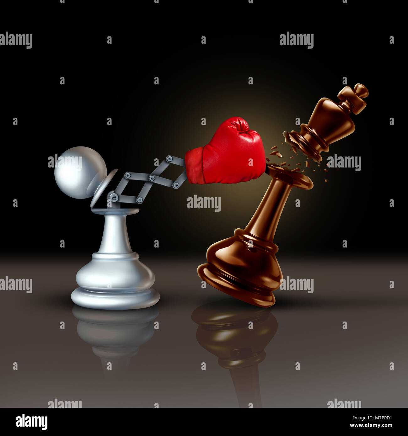 Concept commercial knock out ou cognement et symbole de frappe comme une arme secrète avec un pion d'échecs en battant le roi avec un morceau caché. Banque D'Images