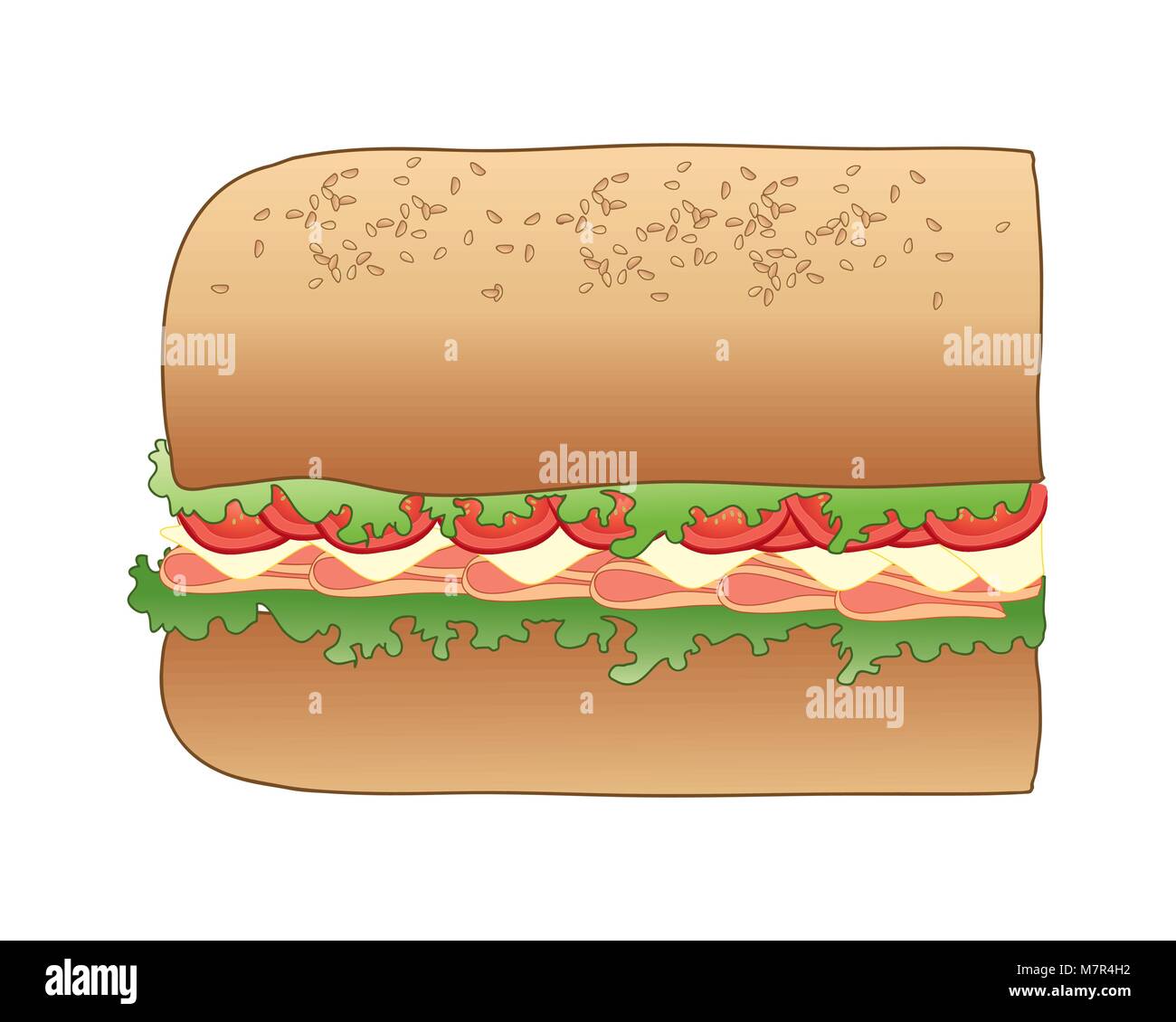 Un vecteur illustration en eps 10 format d'un big sandwich sous la moitié dans un pain aux graines de sésame avec du fromage et du salami tomate salade sur un fond blanc Illustration de Vecteur