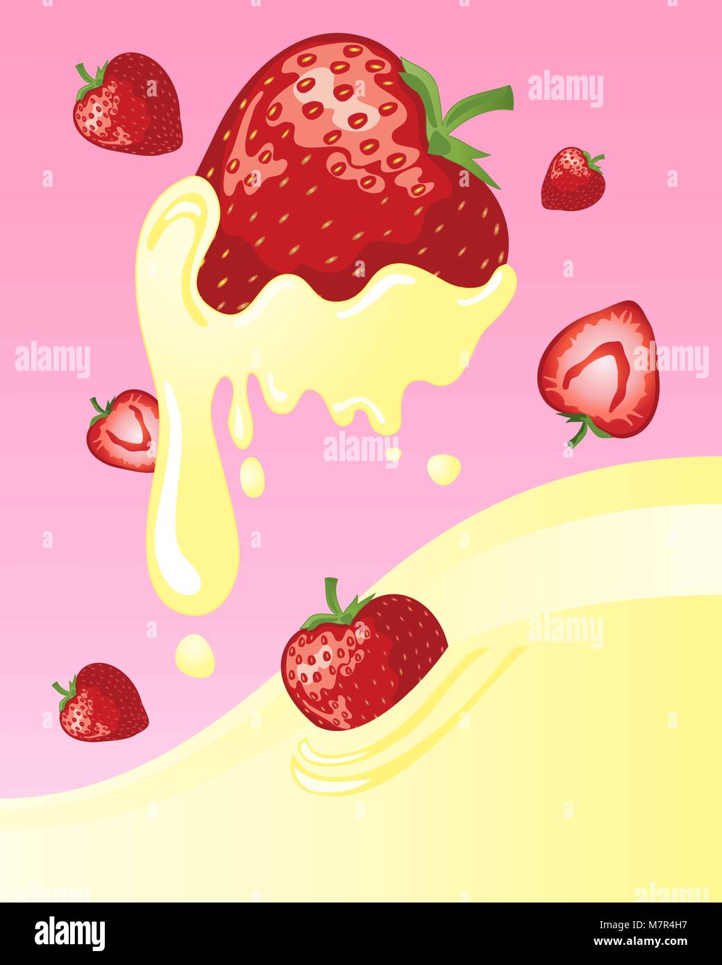 Un vecteur illustration en format eps 10 de frais jardin des fraises dans une mer de lait crème sur un fond rose Illustration de Vecteur