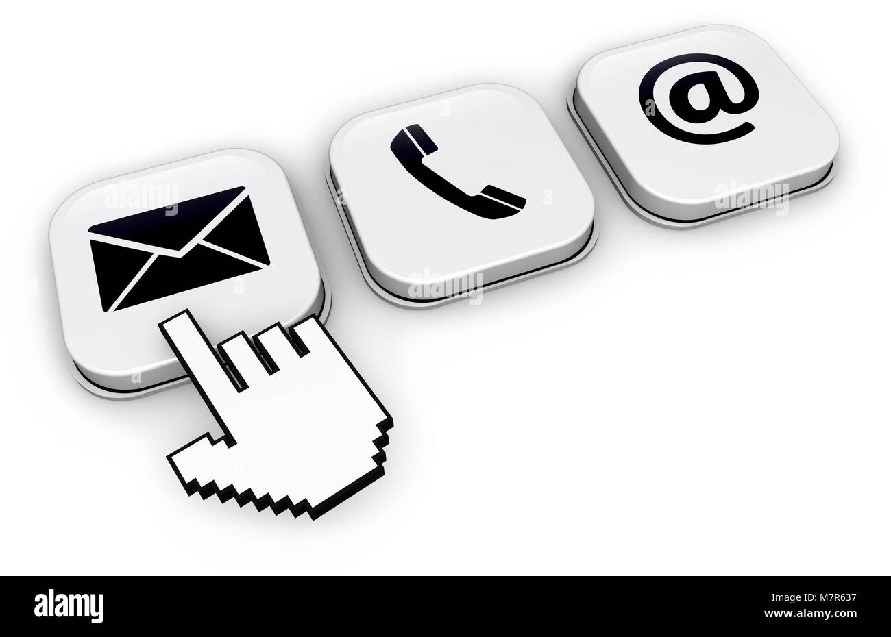 Site web Contactez-nous concept avec curseur main résumé en cliquant sur l'icône du bouton e-mail 3D illustration sur fond blanc. Banque D'Images