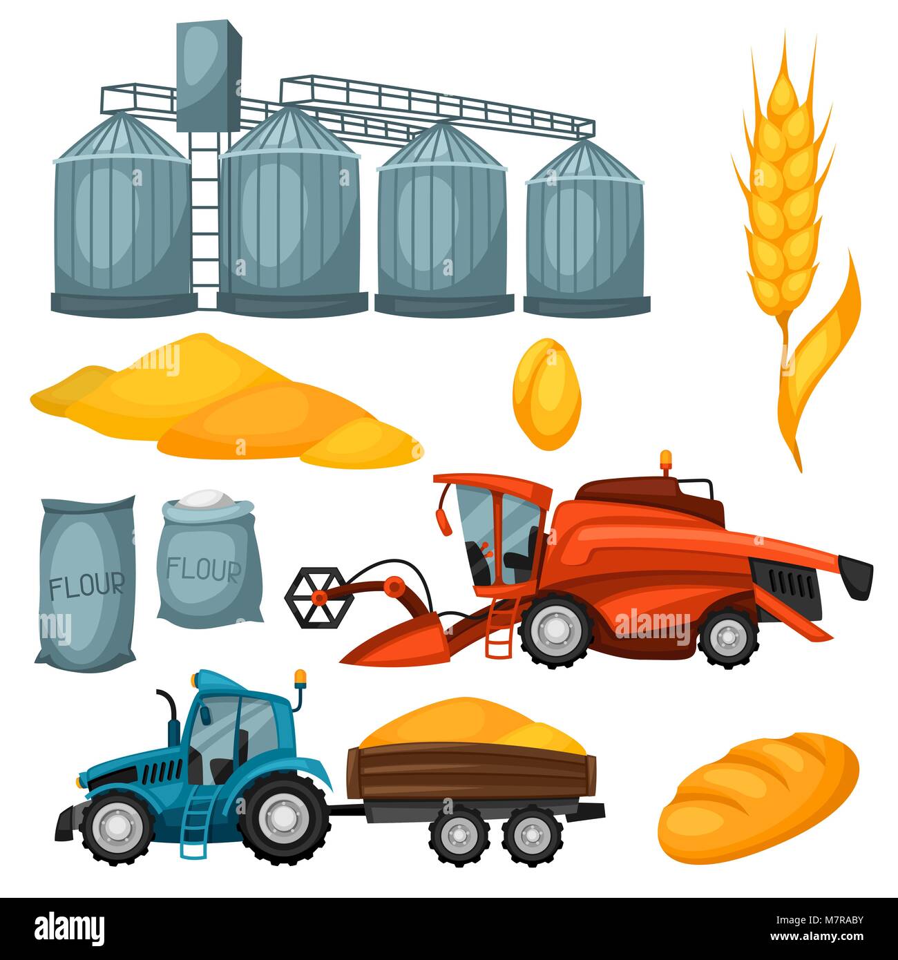 Ensemble d'éléments d'exploitation agricole. Moissonneuse batteuse, le tracteur et le grenier Illustration de Vecteur