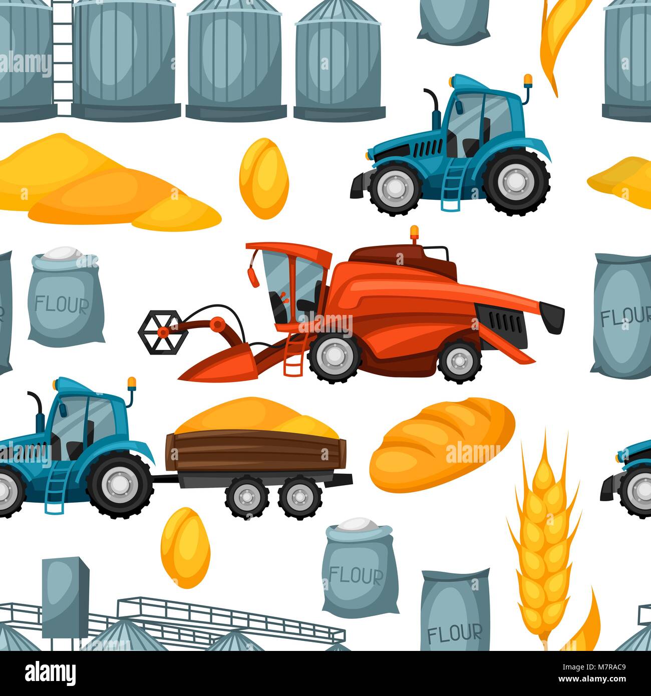 Modèle logique de l'agriculture par la récolte des éléments. Moissonneuse batteuse, le tracteur et le grenier Illustration de Vecteur