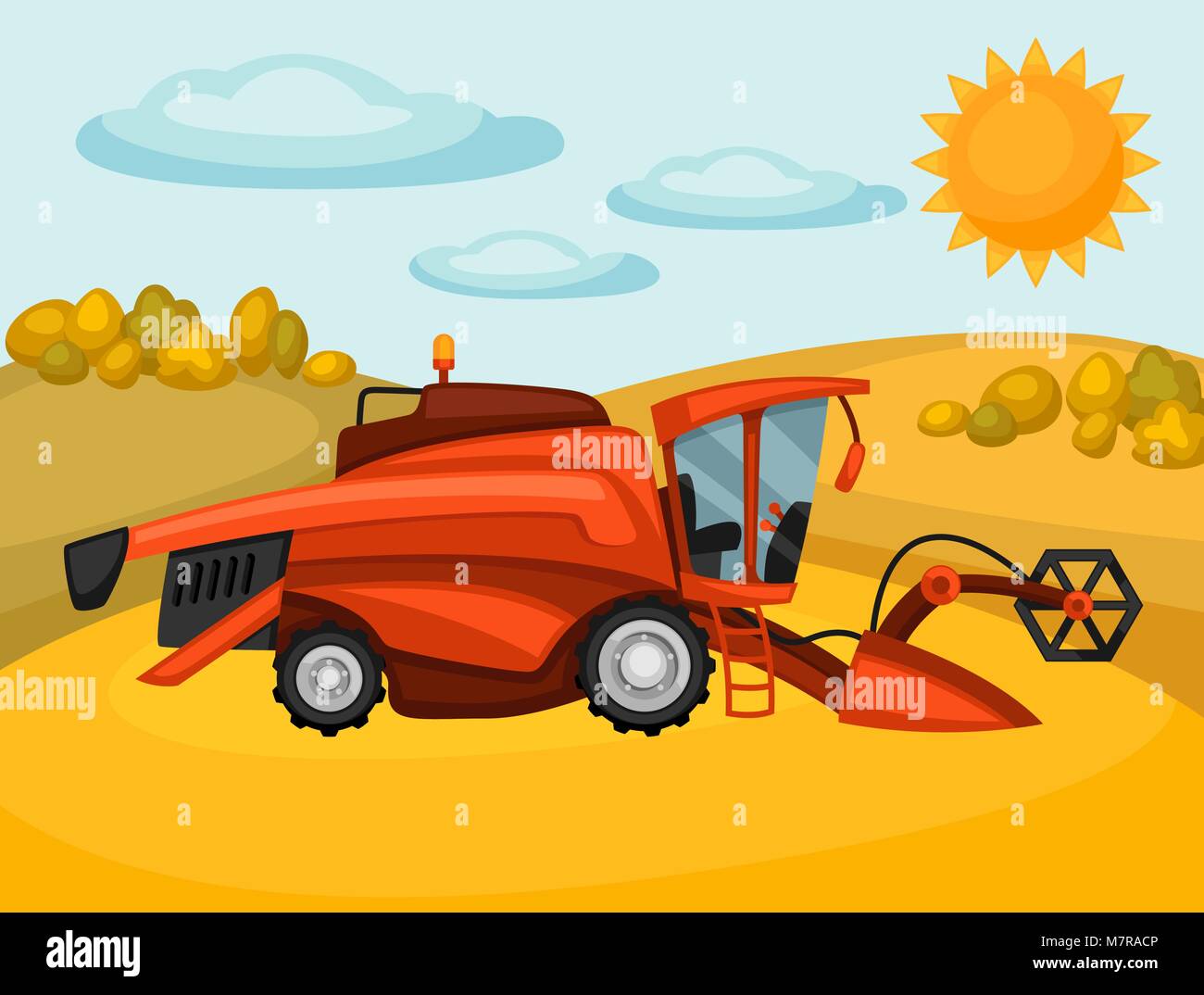 Moissonneuse-batteuse, sur champ de blé. Illustration de l'agriculture farm rural landscape Illustration de Vecteur