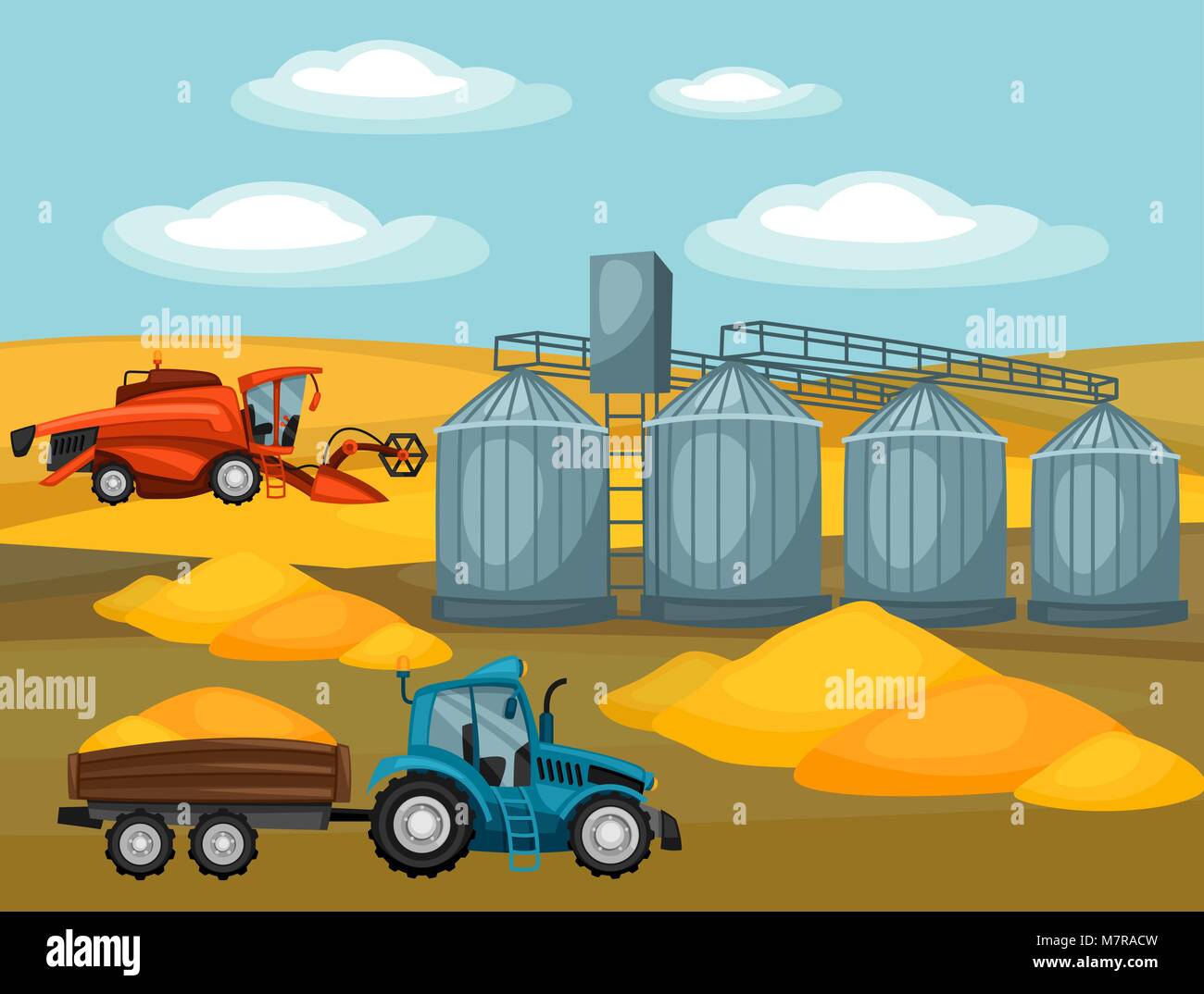 La récolte des céréales. La moissonneuse-batteuse, tracteur et grenier. Illustration de l'agriculture farm rural landscape Illustration de Vecteur