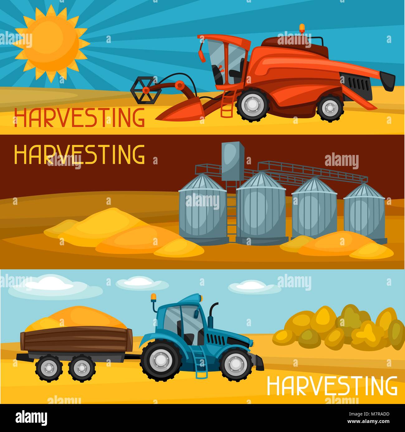 Ensemble de bannières de récolte. La moissonneuse-batteuse, tracteur et grenier. Illustration de l'agriculture farm rural landscape Illustration de Vecteur