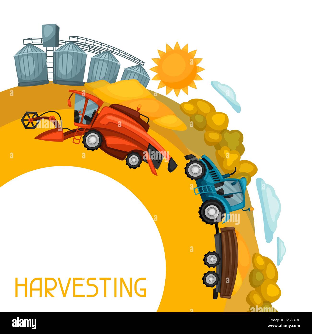 Arrière-plan de récolte. Moissonneuse batteuse, le tracteur et le grenier sur champ de blé. Illustration de l'agriculture farm rural landscape Illustration de Vecteur