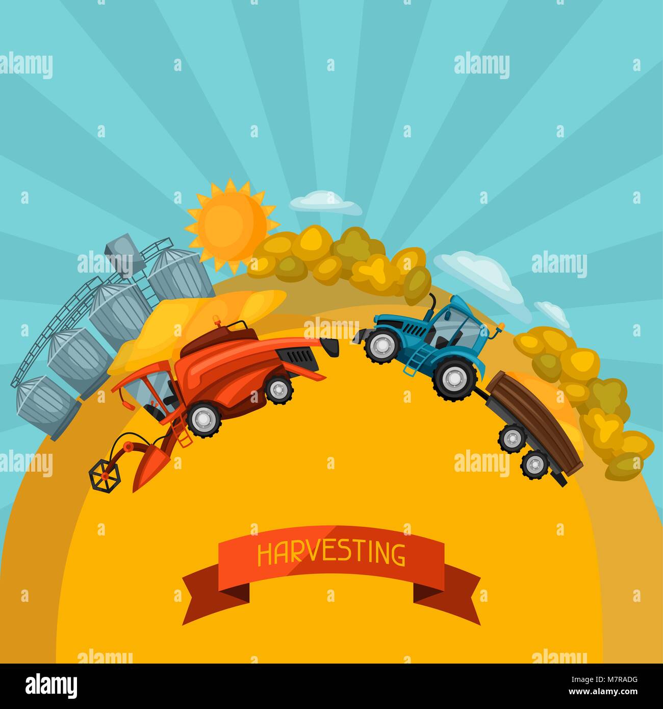 Arrière-plan de récolte. Moissonneuse batteuse, le tracteur et le grenier sur champ de blé. Illustration de l'agriculture farm rural landscape Illustration de Vecteur