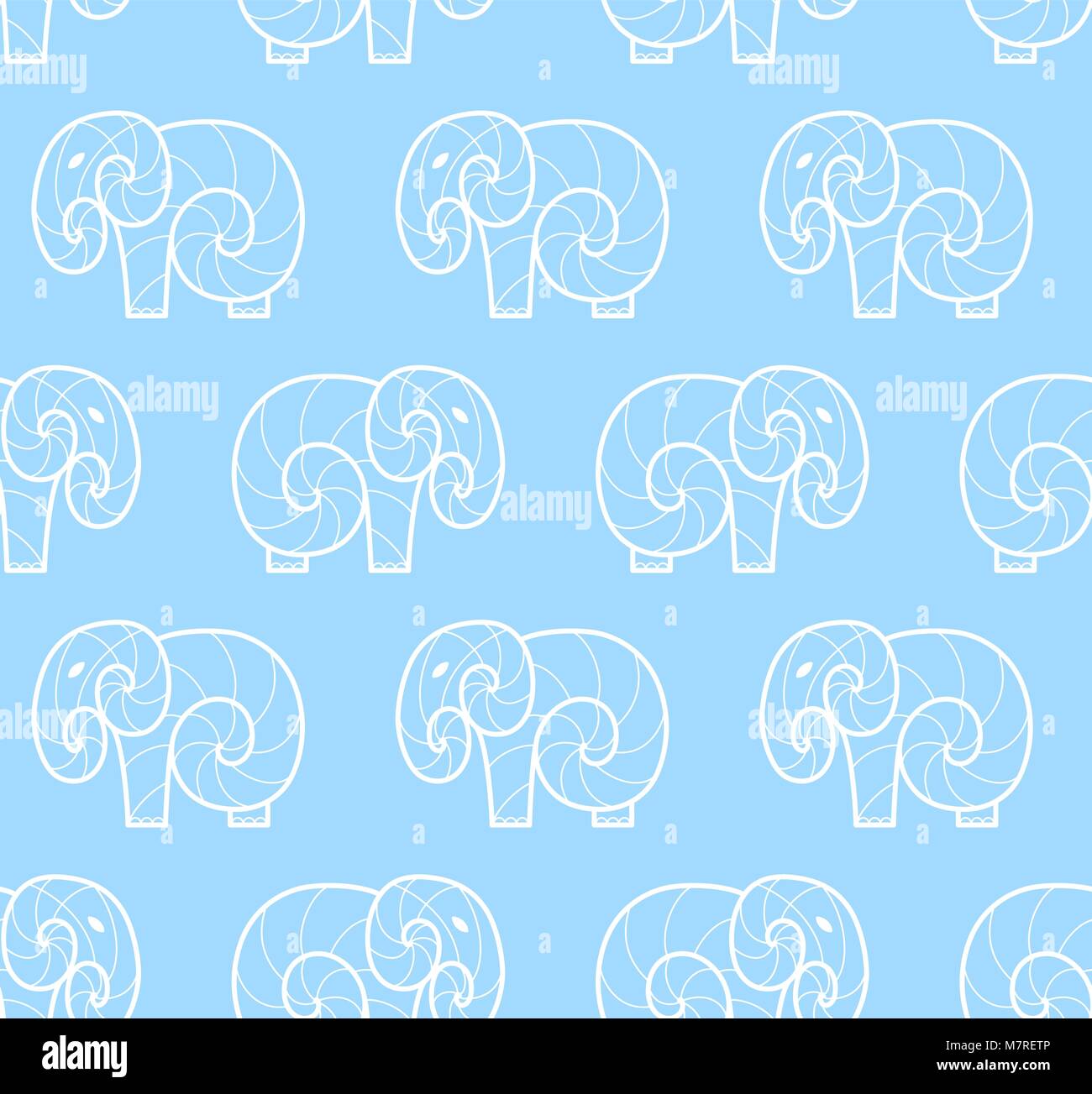 Modèle de vecteur seamless white elephant simple sur fond bleu. Line art design elephant Illustration de Vecteur