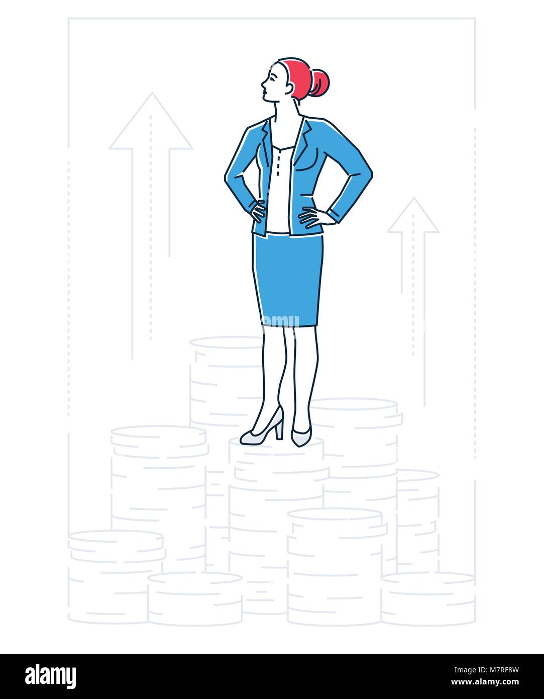 Businesswoman standing on coins - ligne style design illustration isolé Illustration de Vecteur