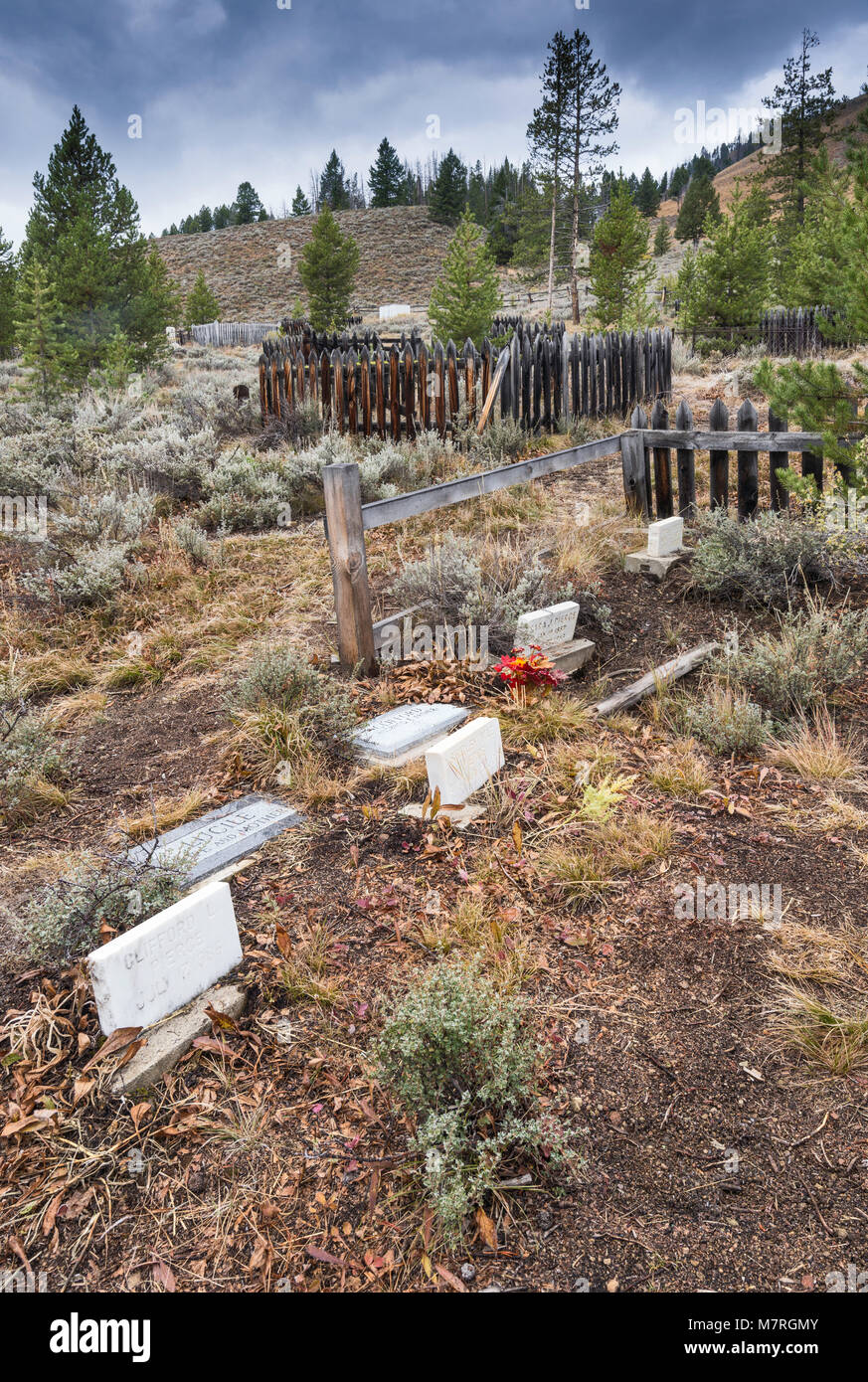 Cimetière Bonanza Bonanza City, ville fantôme, Yankee Fork de la rivière Salmon, Custer Road, Salmon-Challis Aventure Autoroute National Forest, North Carolina, USA Banque D'Images