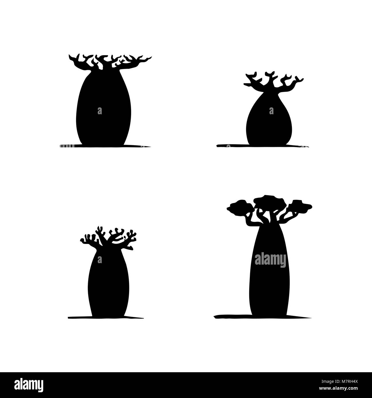 Vector set de dessin à la main quatre baobabs noir sur fond blanc. Silhouette Vecteur de baobabs Illustration de Vecteur