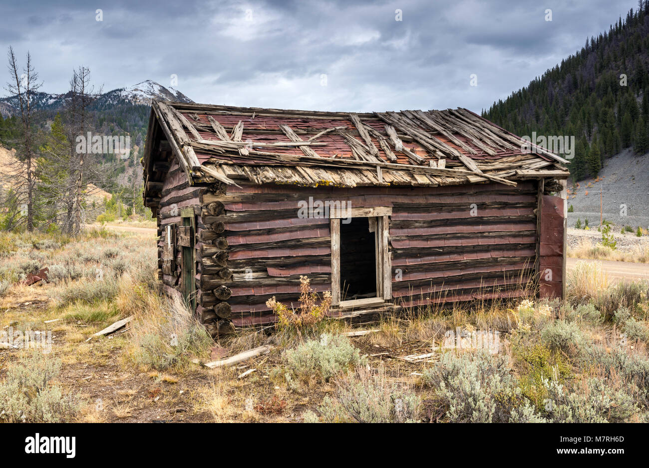 Ruine à Bonanza City ville fantôme, Yankee Fork de la rivière Salmon, Custer Road, Salmon-Challis Aventure Autoroute National Forest, North Carolina, USA Banque D'Images