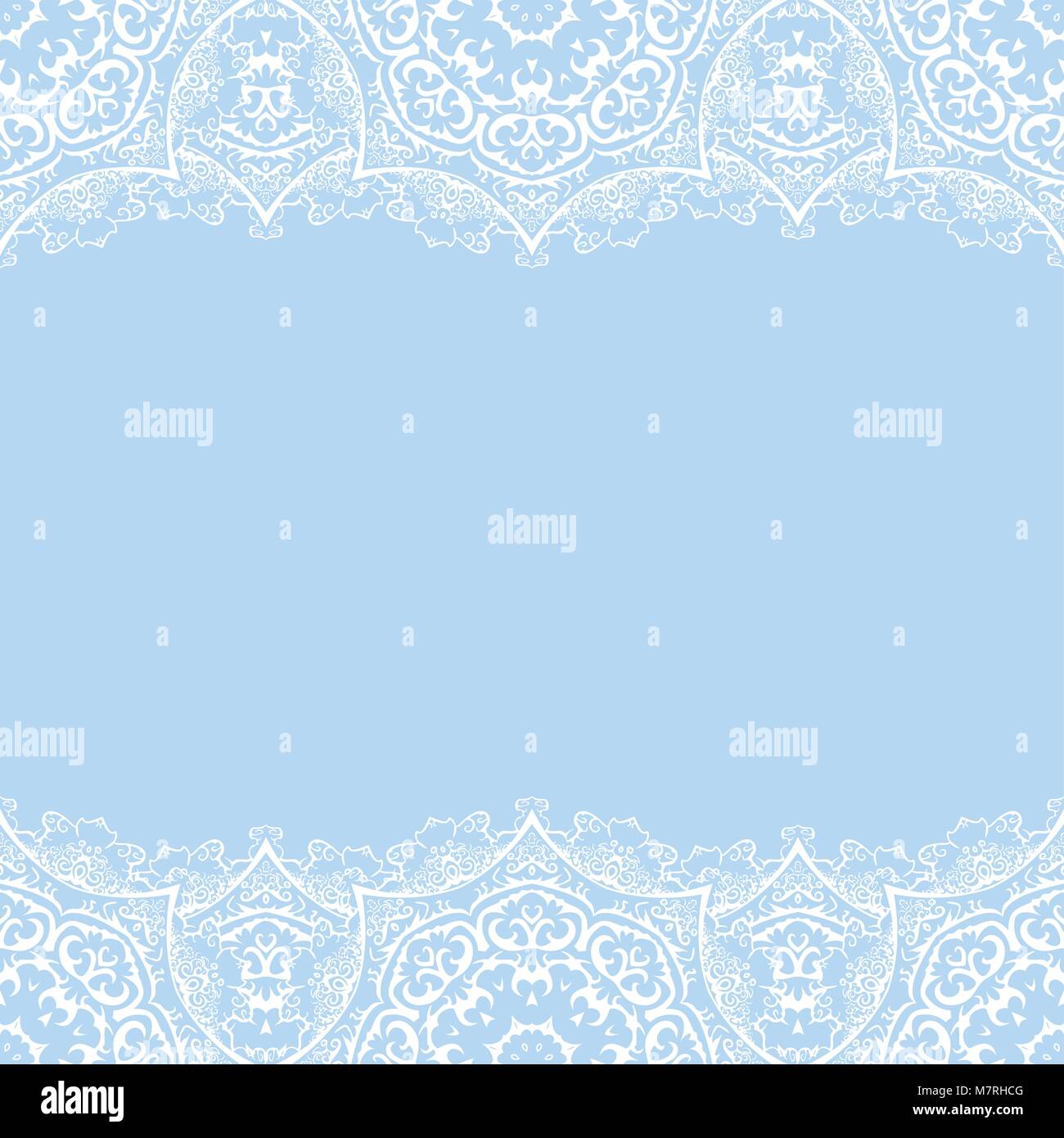 Vector bordure décorative avec des flocons de dentelle blanche sur fond bleu. Message d'accueil, carte d'invitation avec la dentelle. Frontière horizontale with copy space Illustration de Vecteur