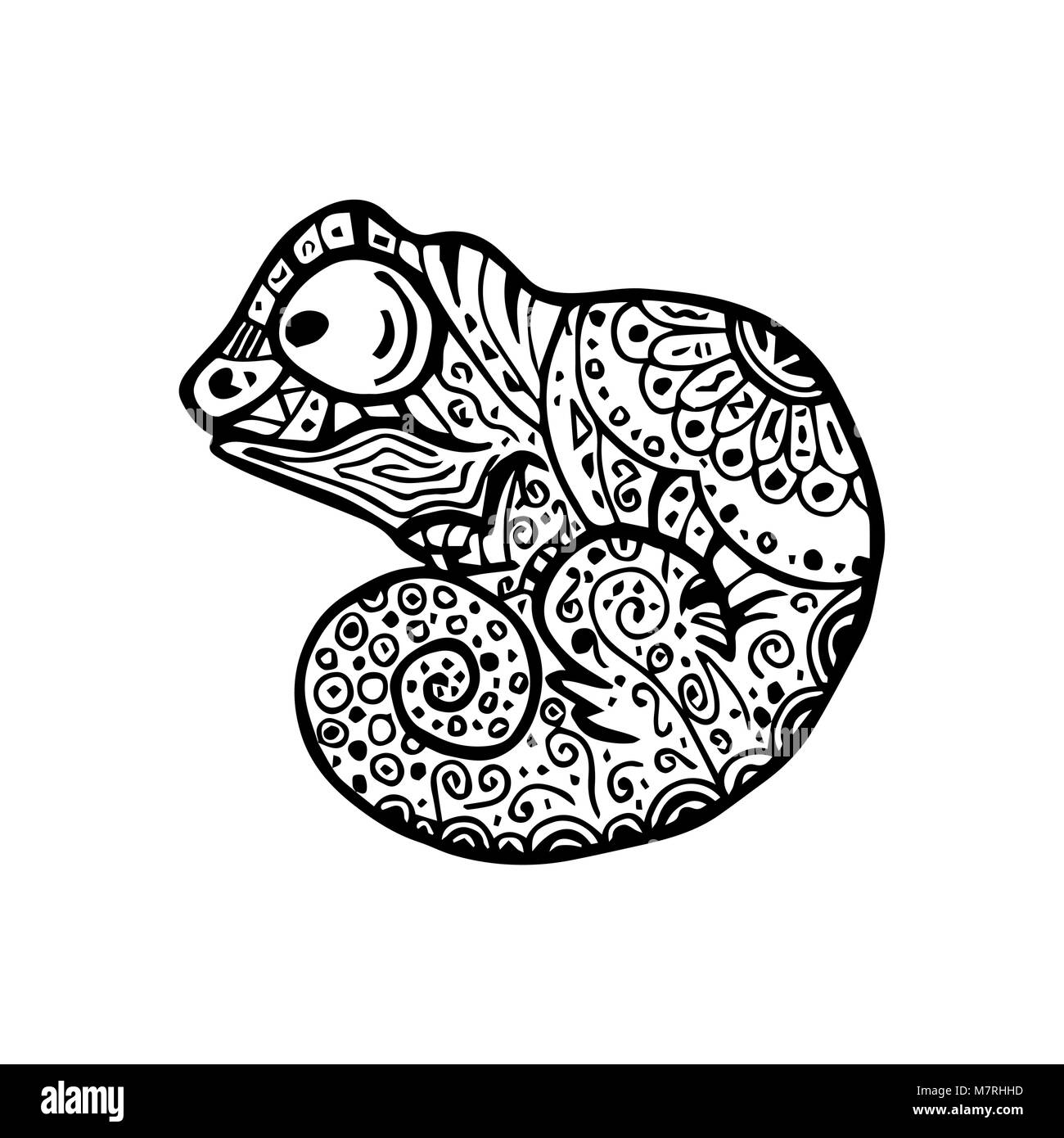 Vector illustration de Chameleon avec doodle motif. Coloriage - zendala, conception pour la relaxation pour les adultes Illustration de Vecteur