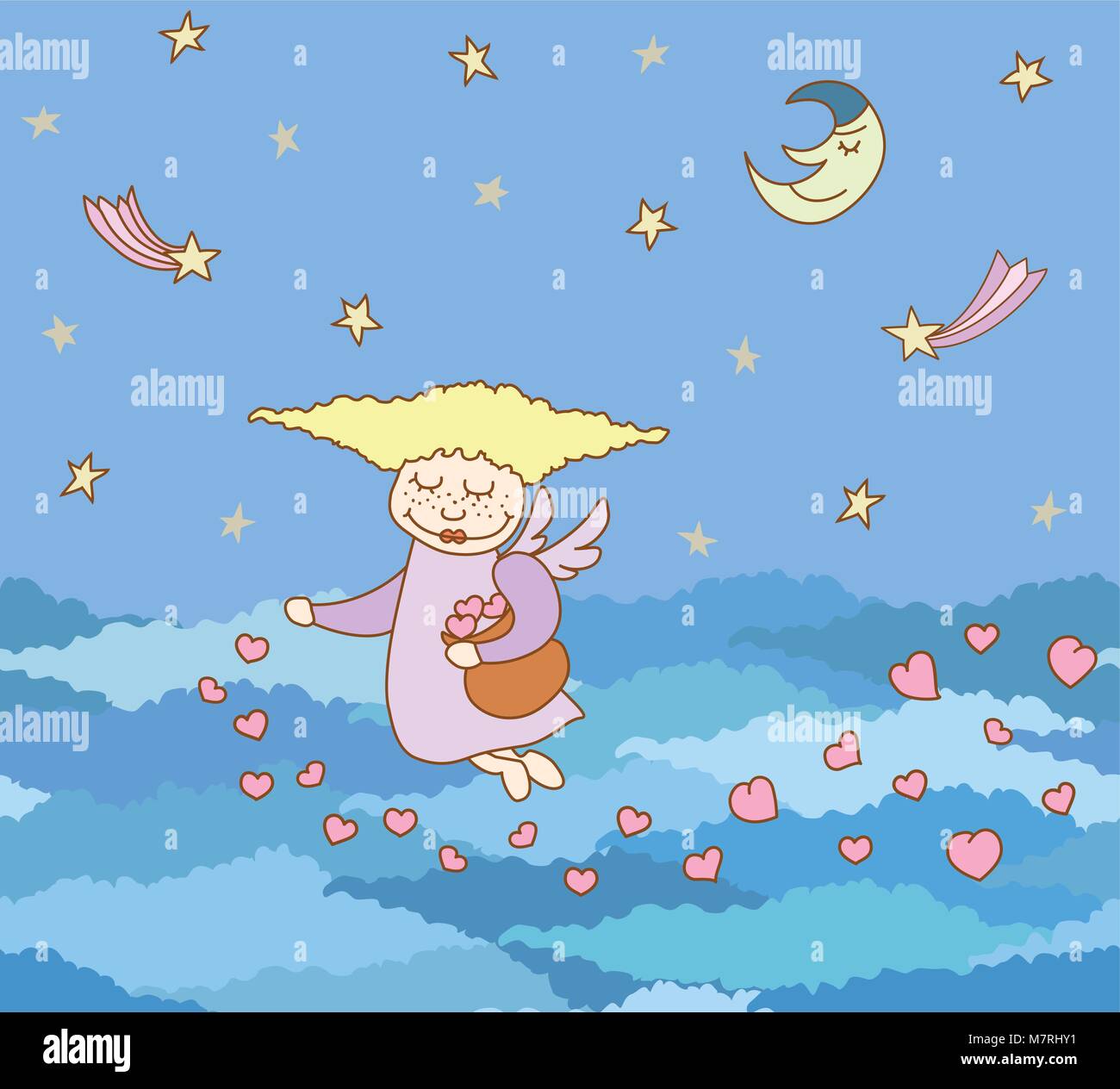 Motif transparent fabriqué à partir de petit cartoon flying girl avec des coeurs sur ciel de nuit avec les étoiles et les nuages Illustration de Vecteur