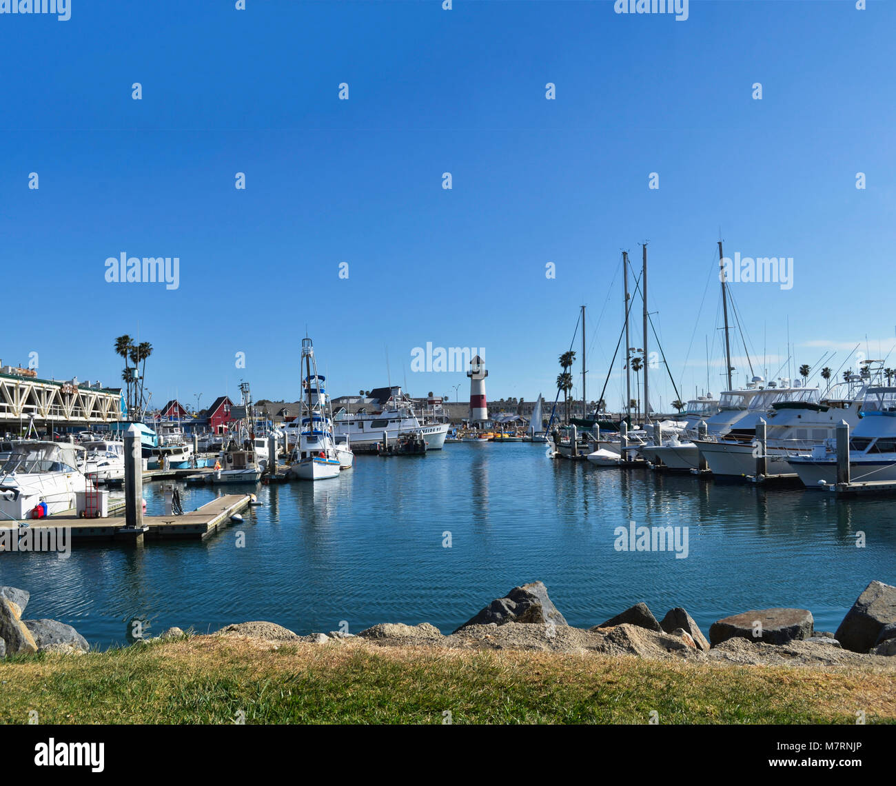 Le port d'Oceanside, California, bateaux, phare, dock, herbe verte et bleu ciel. Banque D'Images