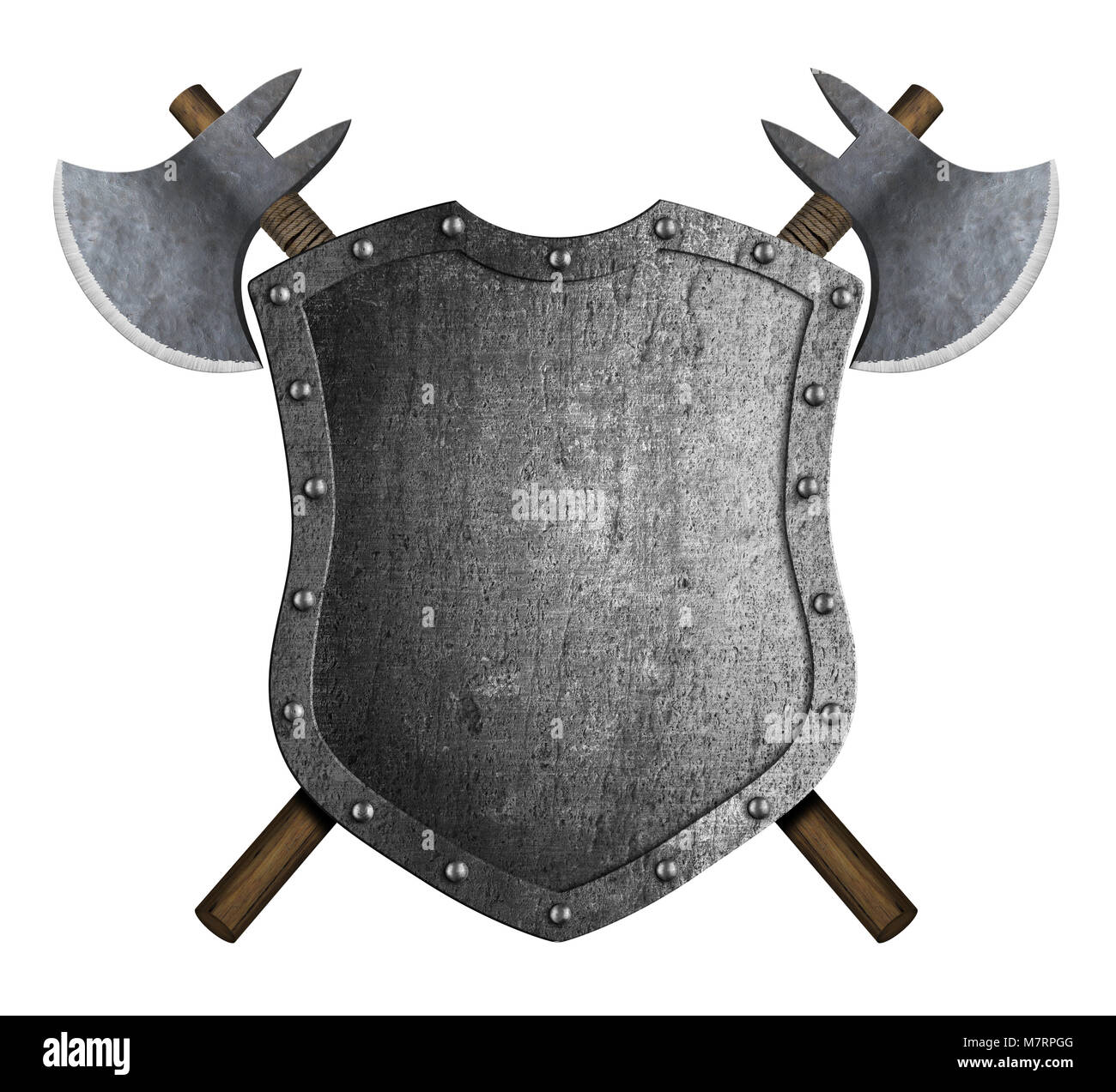 Bouclier héraldique médiévale de métal à la croisée des axes de bataille isolated on white Banque D'Images