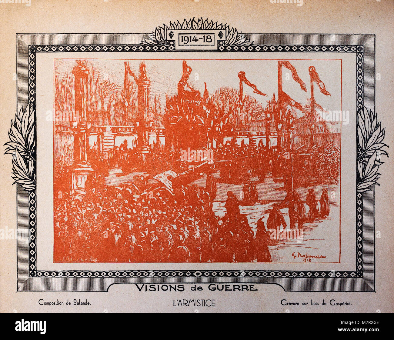 La gravure sur bois de WW1 "L'Armistice", initialement publié en 1920 en anglais livre 'La guerre racontée par nos généraux' (La guerre racontée par nos généraux) par FAYOLLE (maréchal) et DUBAIL (Général). Banque D'Images