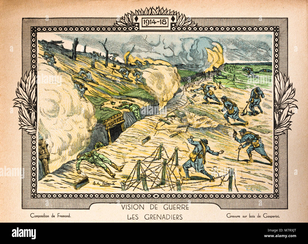 La gravure sur bois de WW1 'Les Grenadiers", initialement publié en 1920 en anglais livre 'La guerre racontée par nos généraux' (La guerre racontée par nos généraux) par FAYOLLE (maréchal) et DUBAIL (Général). Banque D'Images