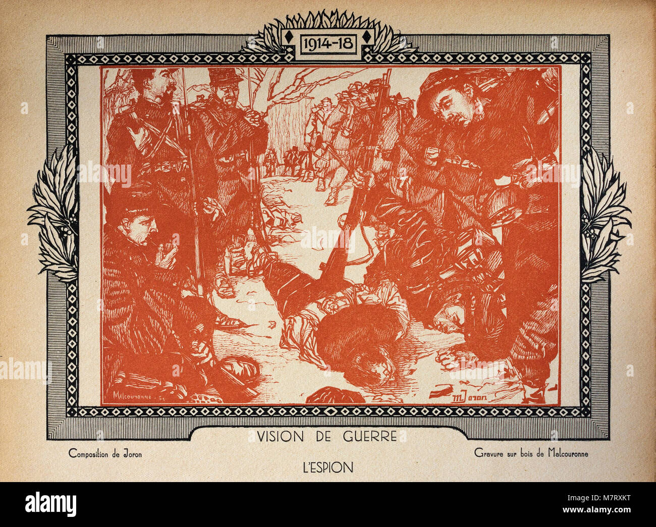 La gravure sur bois de WW1 'Le Spy', d'abord publié en 1920 en anglais livre 'La guerre racontée par nos généraux' (La guerre racontée par nos généraux) par FAYOLLE (maréchal) et DUBAIL (Général). Banque D'Images
