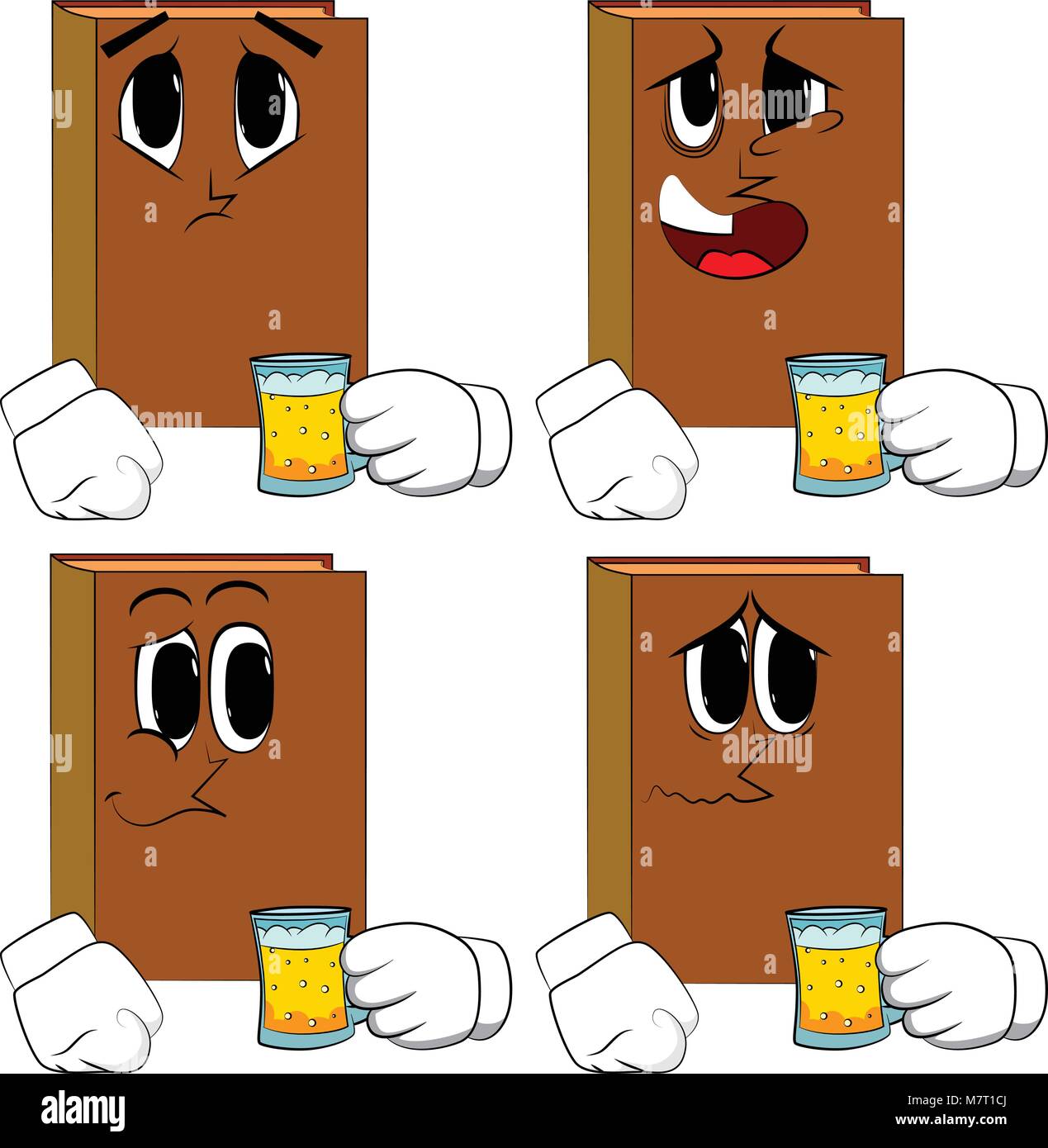 Livres de boire une bière. Bande dessinée collection avec des visages tristes. Vecteur d'expressions définies. Illustration de Vecteur