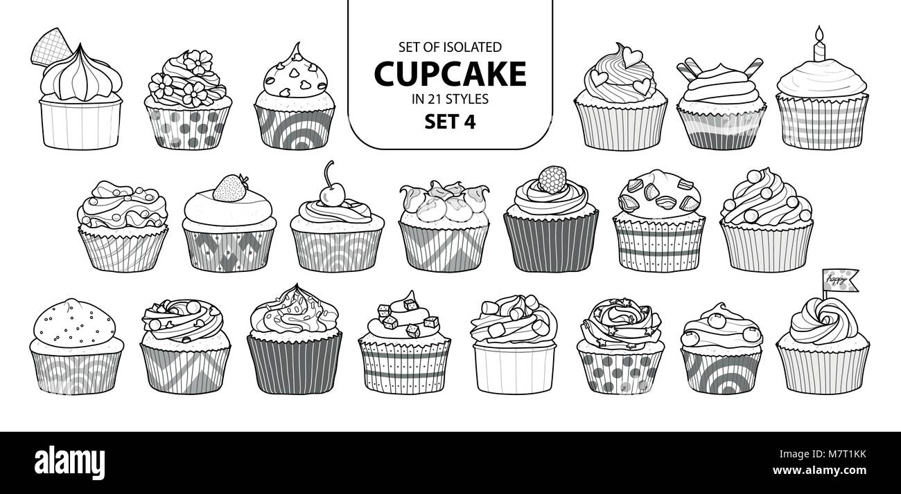 Jeu de cupcake isolés dans 21 jeu de styles 4. Cute hand drawn dessert en contour noir et blanc avion sur fond blanc. Illustration de Vecteur