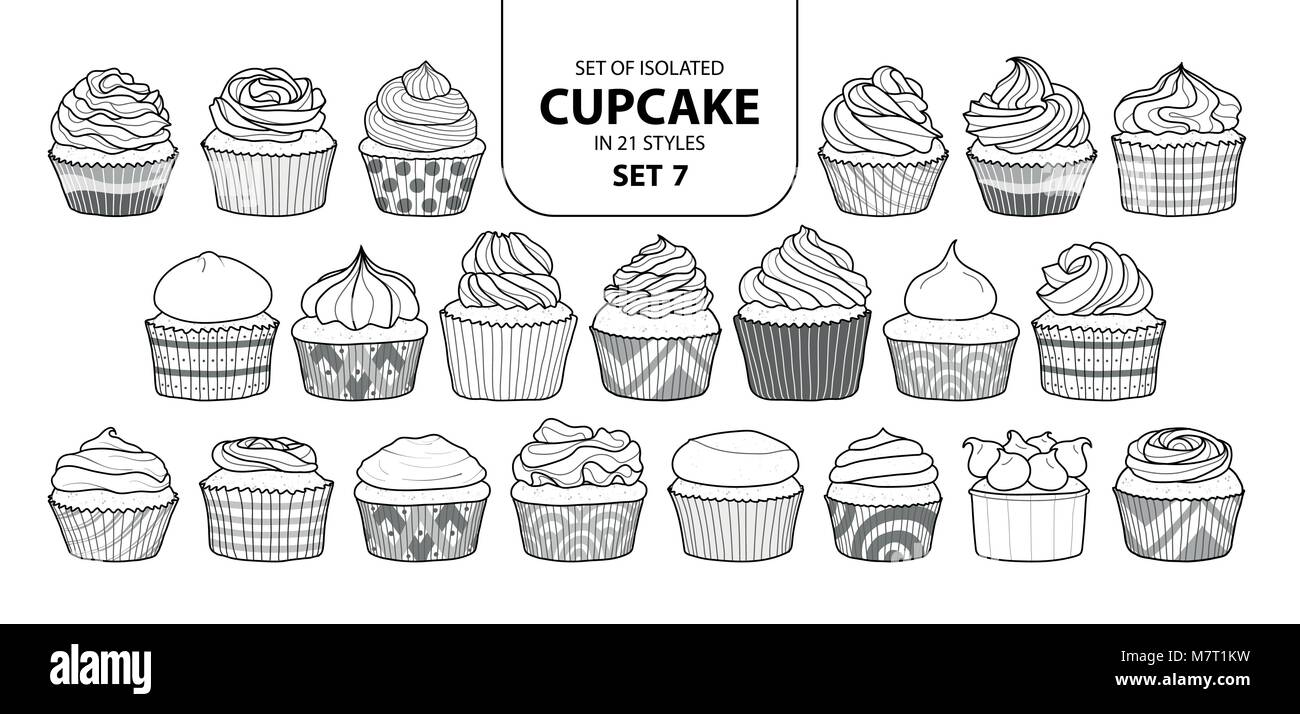Jeu de cupcake isolés dans 21 jeu de styles 7. Cute hand drawn dessert en contour noir et blanc avion sur fond blanc. Illustration de Vecteur