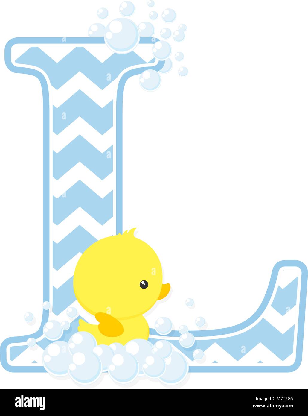 L initiale de bulles et petit bébé canard en caoutchouc isolé sur fond blanc. peut être utilisé pour bébé garçon naissance, nursery decoration, par Illustration de Vecteur