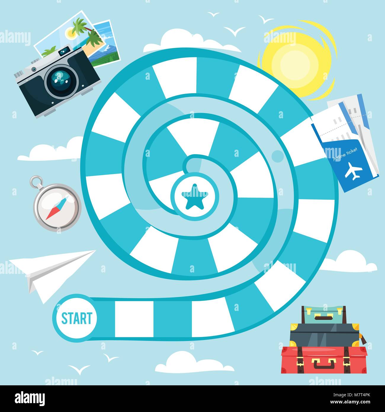 Vector cartoon style illustration d'enfants Voyages et tourisme jeu de modèle. Pour l'impression. La composition carrée avec jeu de spirale chemin. Illustration de Vecteur