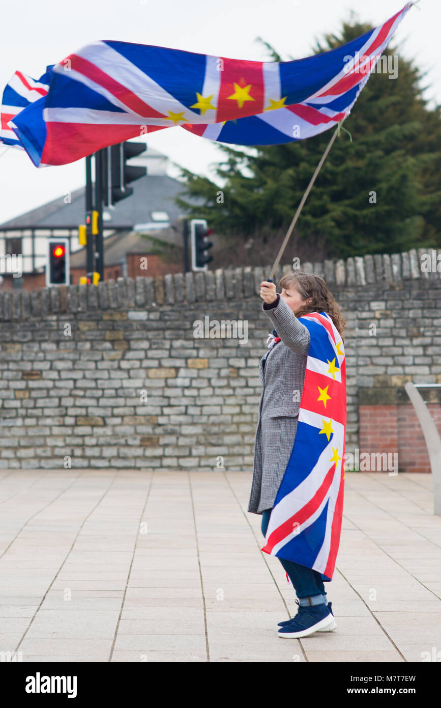 Les artistes de rue au Brexit manifestation avec drapeaux Europe et Royaume-Uni Banque D'Images