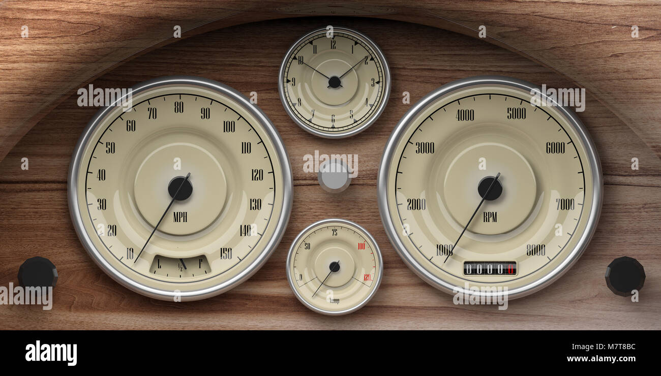Voiture Vintage Retro en bois planche de bord avec des jauges. Indications pour le carburant, vitesse, RPM, distance et de la température. 3d illustration Banque D'Images