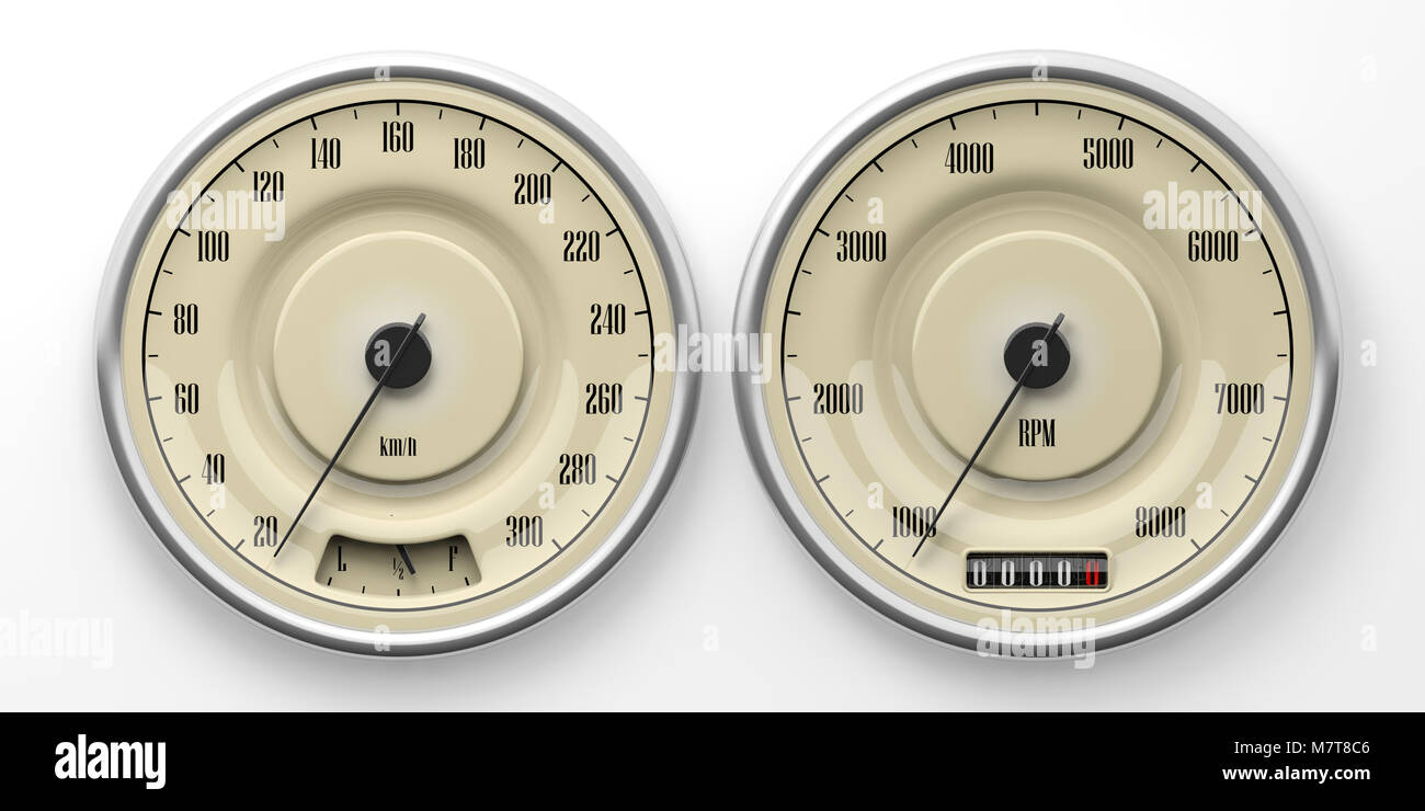 Vintage Car gauges isolé sur fond blanc. Les indications de vitesse, distance, RPM et de carburant,3d illustration Banque D'Images