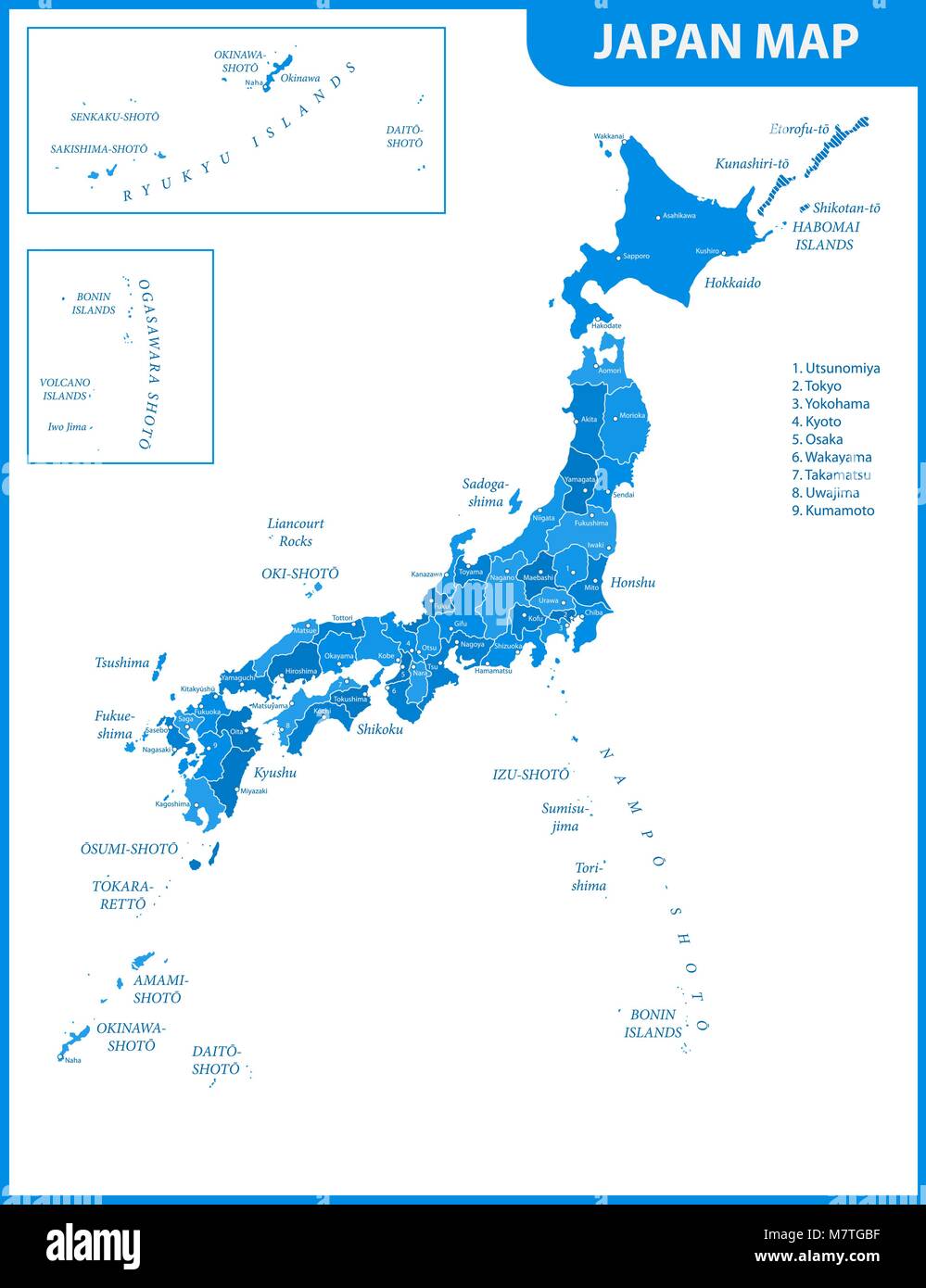 La carte détaillée du Japon avec les régions ou États et villes, capitales Illustration de Vecteur