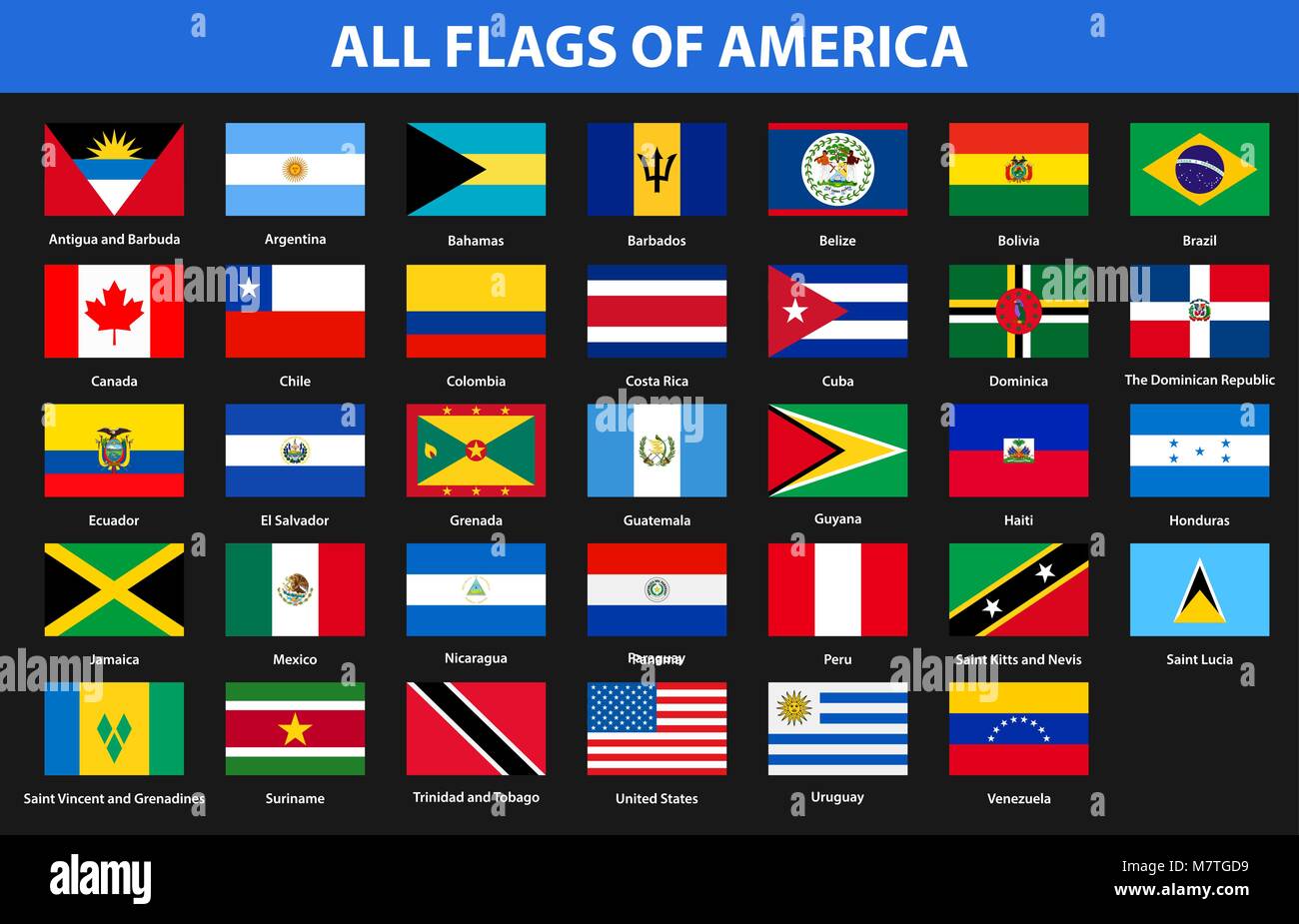 Drapeaux de tous les pays de continents américains. Style plat Image ...