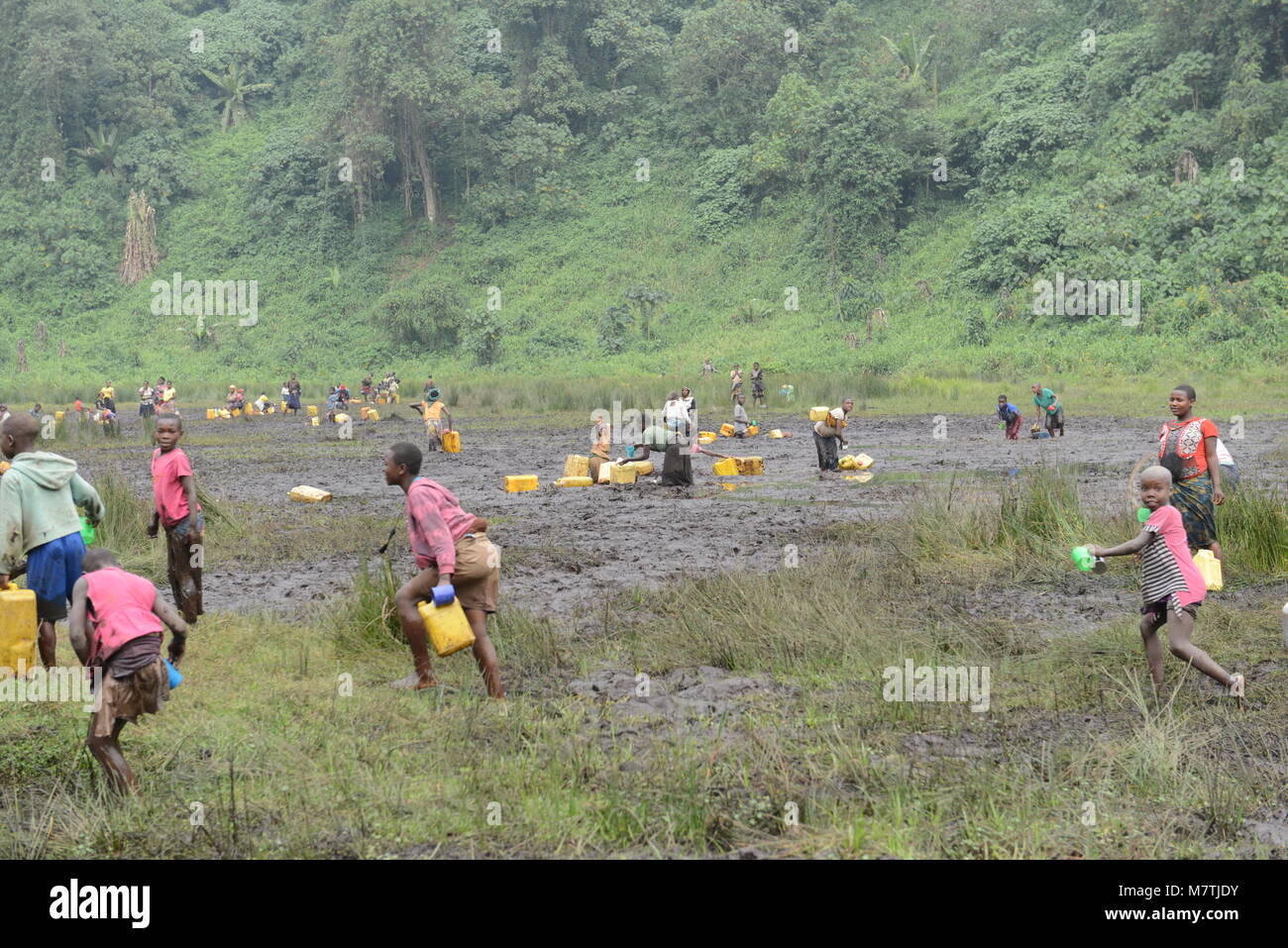 Les villageois congolais remplir leur approvisionnement en eau de ce bassin boueux. La seule bonne source d'eau qu'ils ont. Banque D'Images
