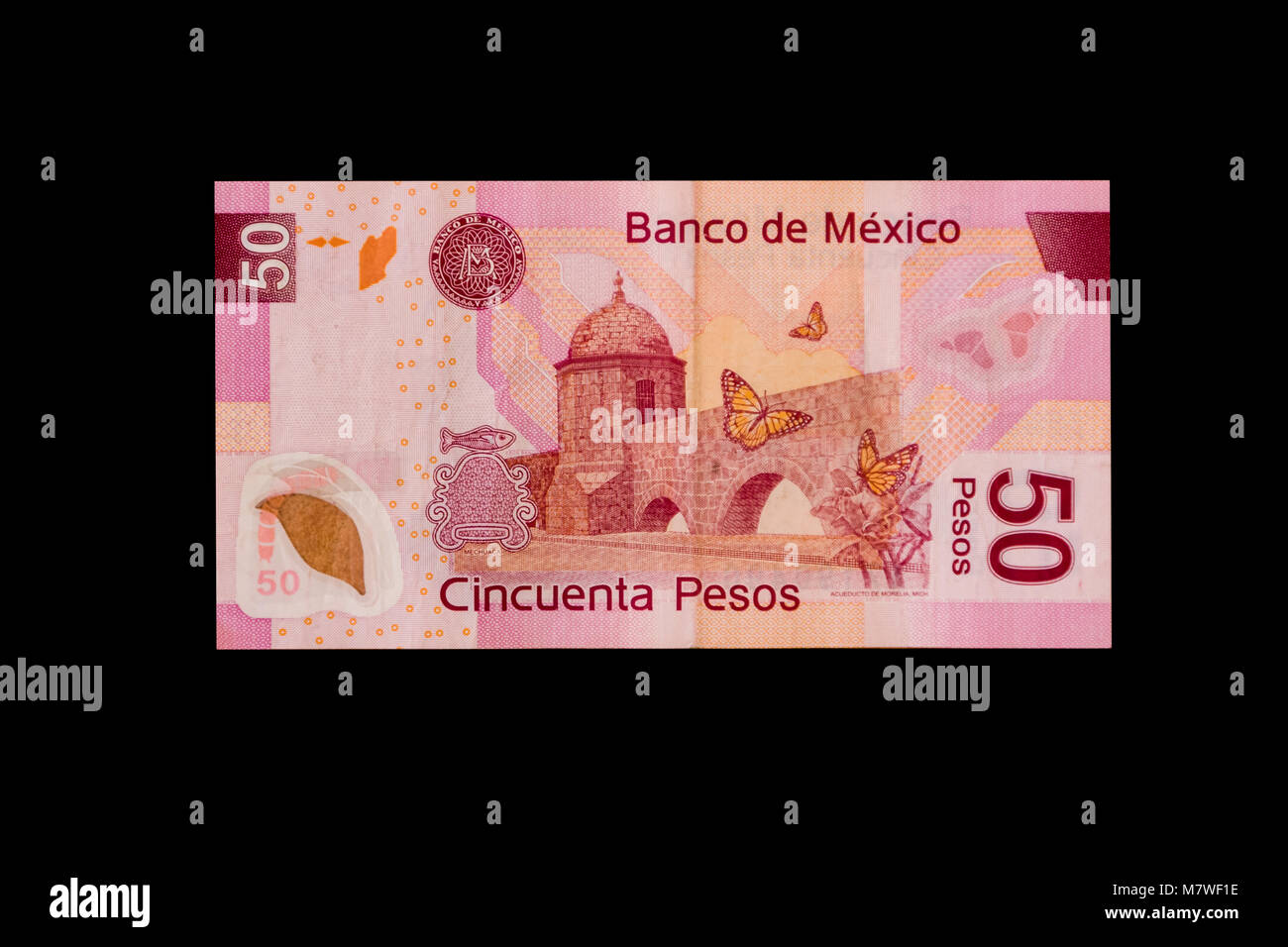 Le Mexique, l'Amérique du Nord. Billet de 50 pesos, montrant l'aqueduc de Morelia, Michoacan state, sur le côté arrière. Banque D'Images