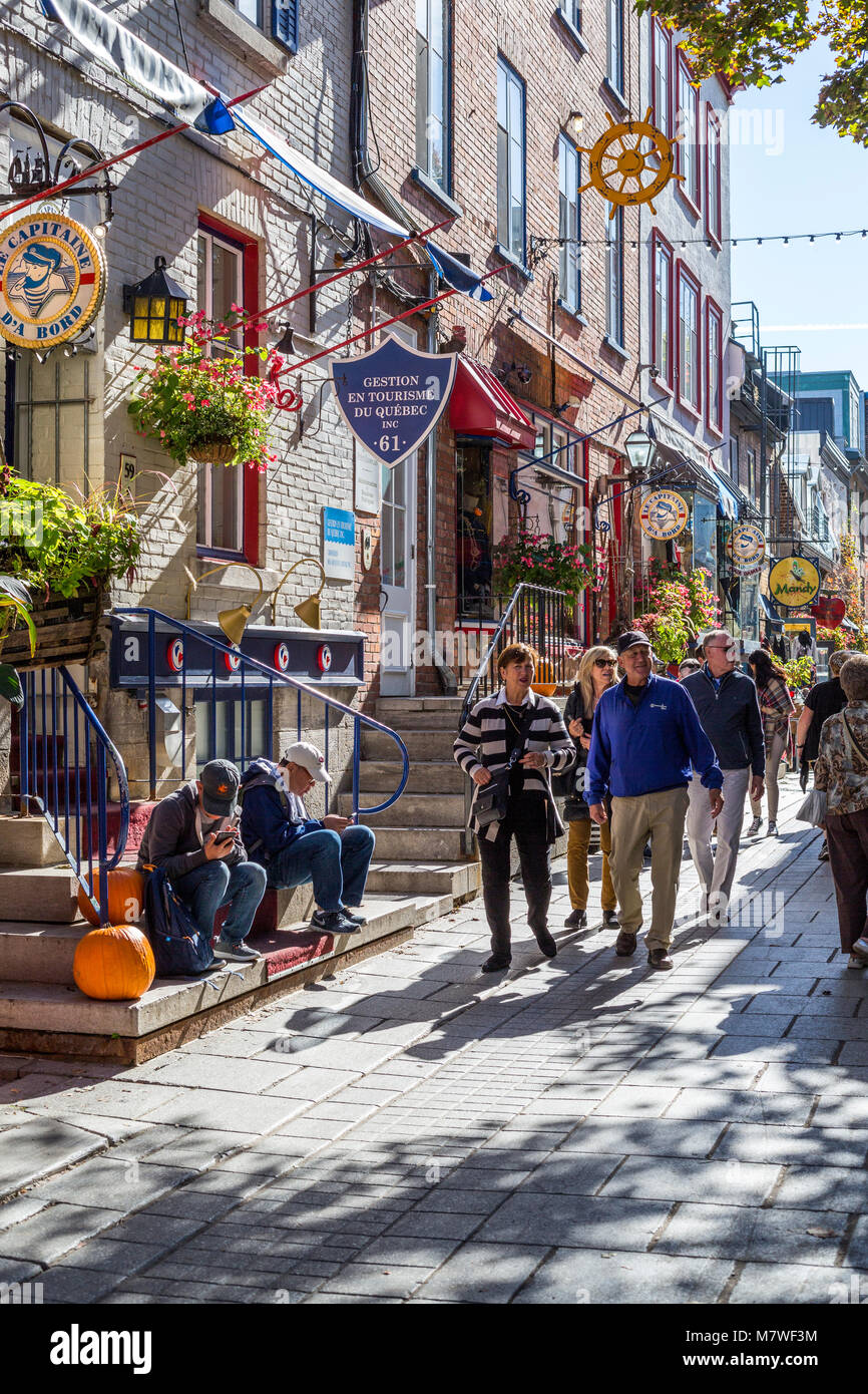 Québec, Canada. Scène de rue dans le Quartier Petit Champlain, la basse-ville. Banque D'Images