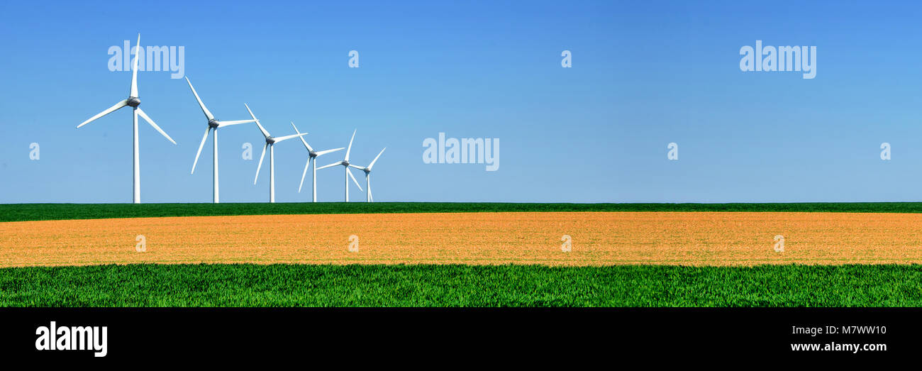 Panorama des éoliennes alignées dans un champ vert et jaune Banque D'Images