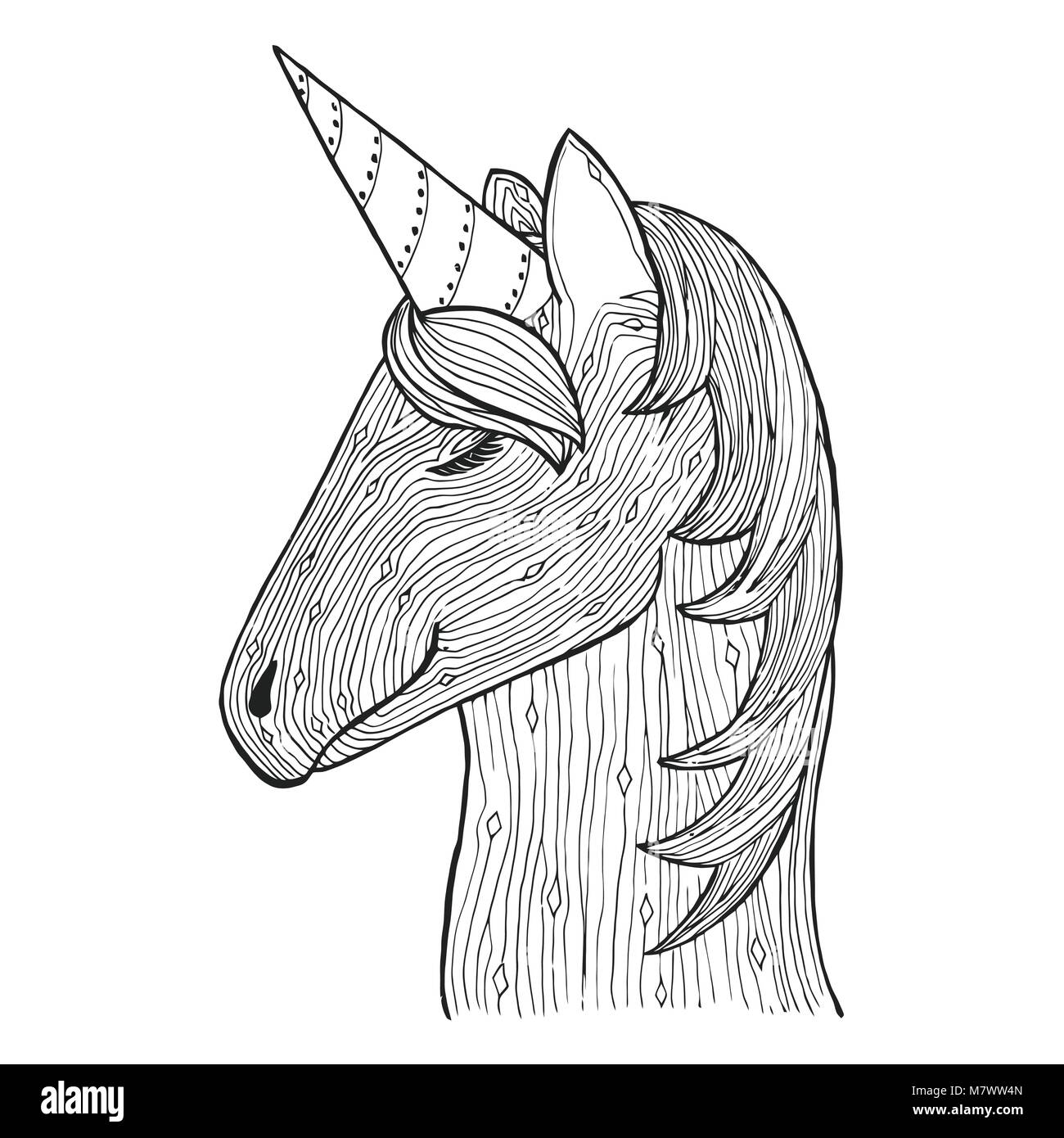 Le Zen s'emmêler et vecteur doodle UNICORN. Zentangle conte animal. Cheval magique Zendoodle. Livre de coloriage pour adulte. Illustration de Vecteur